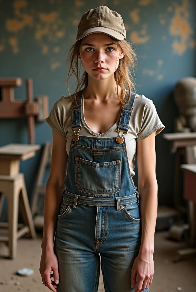 photo of HaleyH, Long hair, Straight hair, Red hair, Brown eyes, a stunning woman,in a (elevator:1.1),wearing a (long overalls:1.1), dirty cap,(4k, RAW photo, best quality, 35mm, depth of field, ultra high res:1.1),(intricate, photorealistic, cinematic-shot, masterpiece, ultra-detailed:1.1),