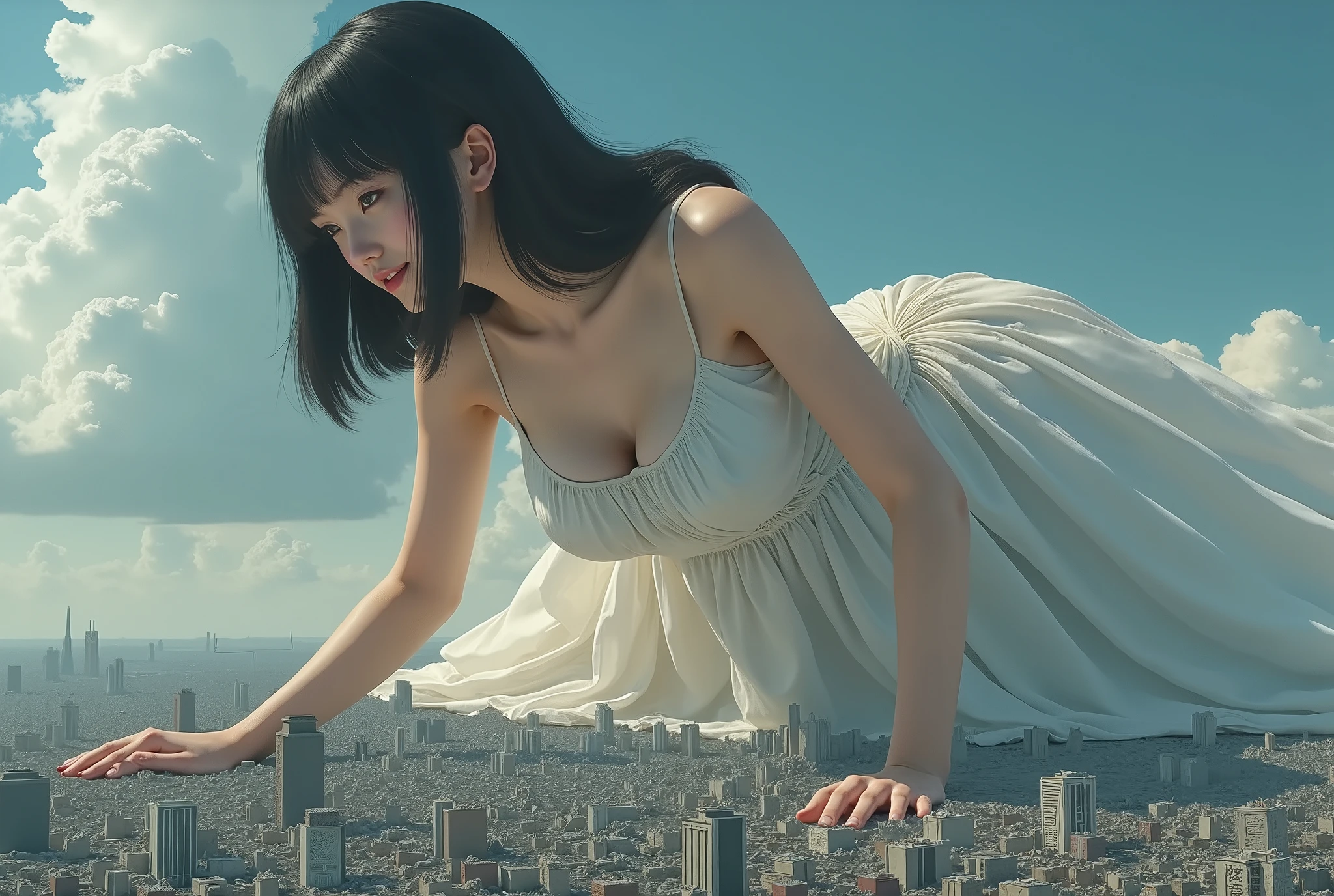 (High Beautiful Super Giant Japanese girl, Super Real photorealistic), (Super Best masterpiece Raw Photography Art), (16k, Highest Image Quality, super high resolution, RAW photos ), (Ultra-wide field of view, Very detailed and accurate1Point perspective drawing), The real world is crushed and destroyed by a very, very, super overwhelmingly large Japanese girl