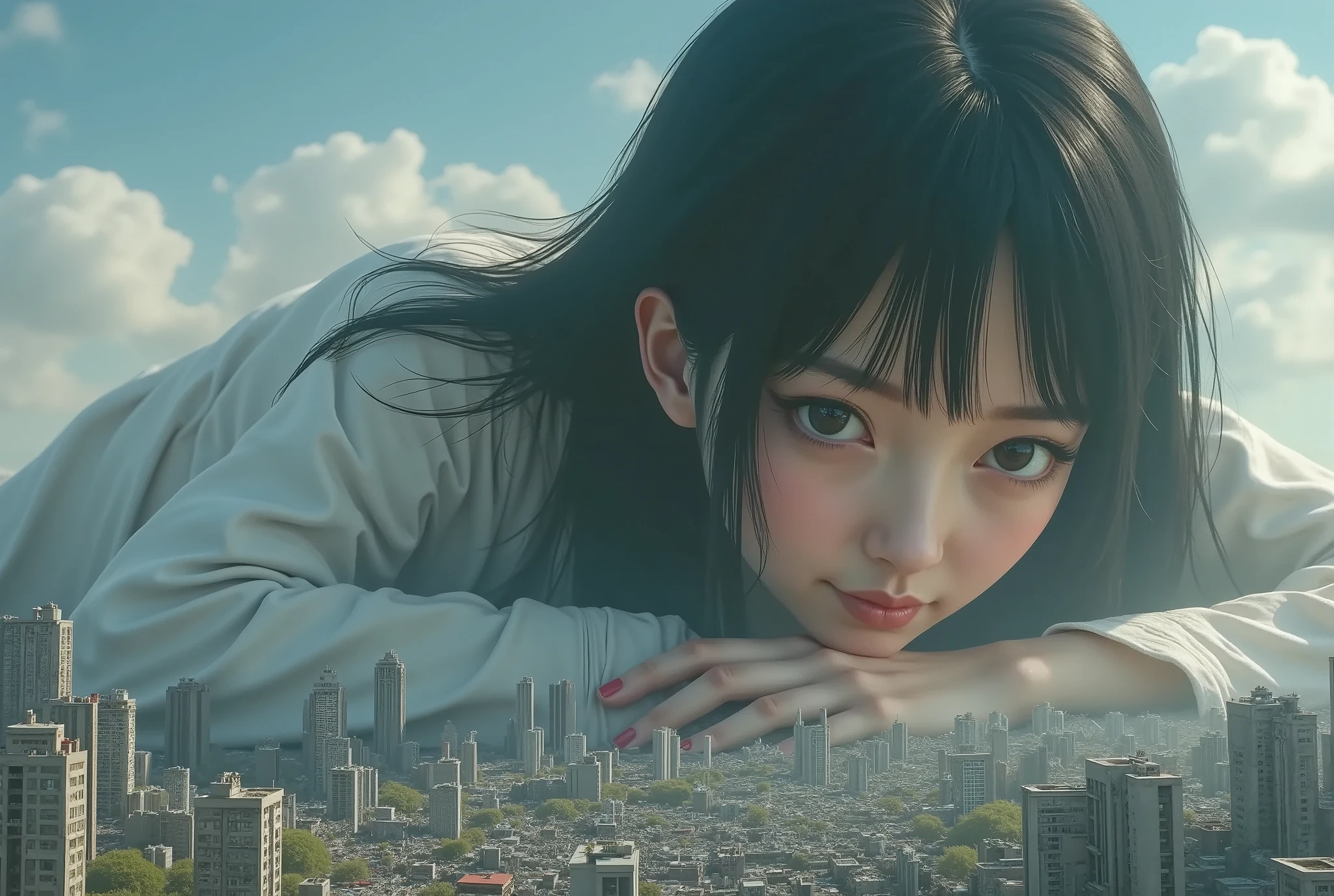 (High Beautiful Super Giant Japanese girl, Super Real photorealistic), (Super Best masterpiece Raw Photography Art), (16k,  Highest Image Quality,  super high resolution,  RAW photos ), (Ultra-wide field of view, Very detailed and accurate１Point perspective drawing), The real world is crushed and destroyed by a very, very, super overwhelmingly large Japanese girl
