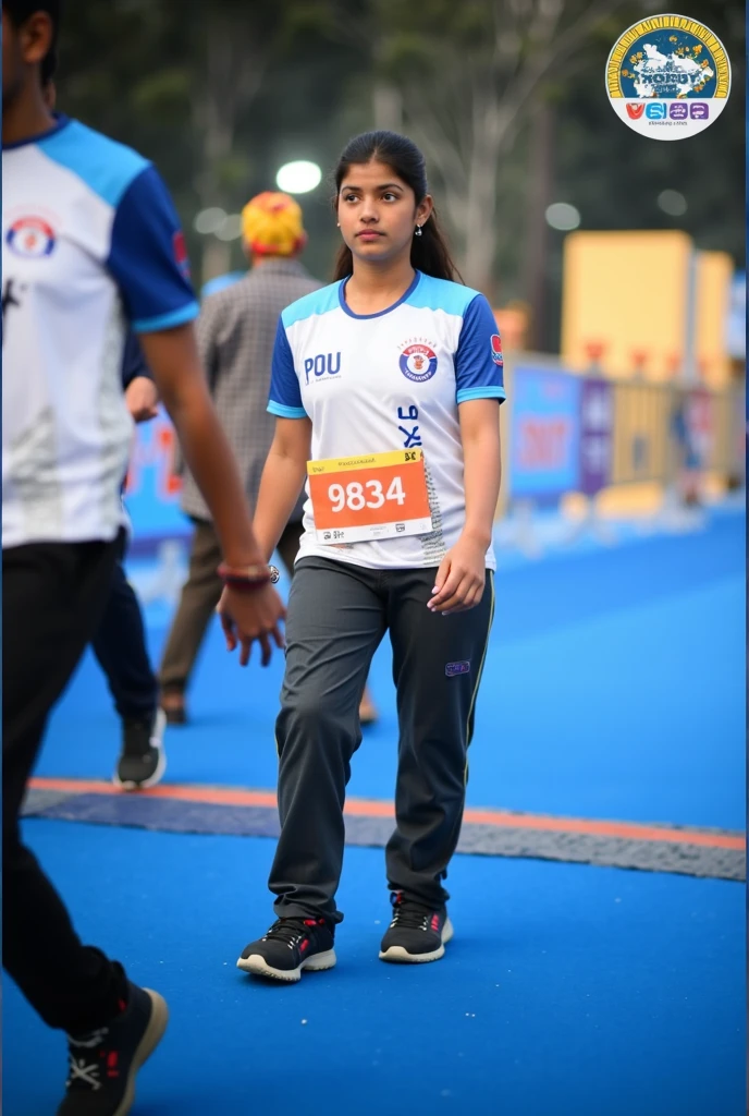 luna maya, Indonesian artist, running in a marathon race, wearing a singlet t-shirt, sports shorts, sneakers, drenched in sweat on her face and body,