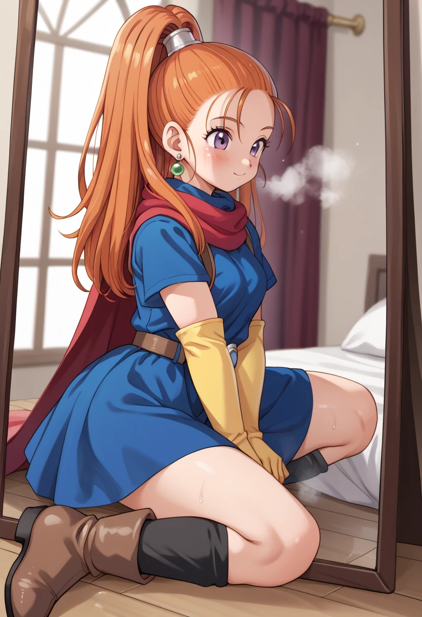 masterpiece,best quality,highres,ultra-detailed,barbara \(dq6\),purple eyes,orange hair,long hair,high ponytail,earrings,(light blue dress:1.4),belt,elbow gloves,(yellow gloves:1.2),socks,<lora:barbara:0.8>,indoors,bed,sitting,blush,embarrass,spread legs,