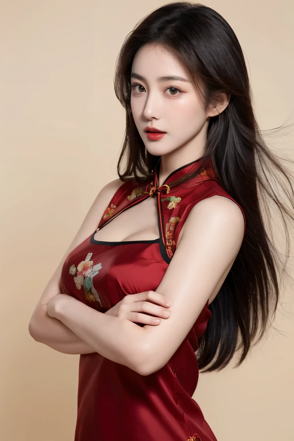 （lifelike,high resolution：1.3）， A slim girl， The face shape and eyes are super delicate,black hair,red glossy lips,(beautiful face), (best quality), (Super detailed), (Extremely detailed CG unified 8k wallpaper),((cheongsam)),(White background),(cleavage),sexy look,big eyes,(standing),(Slim waistline),perky breasts,soft breasts,very realistic breasts,sexy pose,(big breasts),Character centered