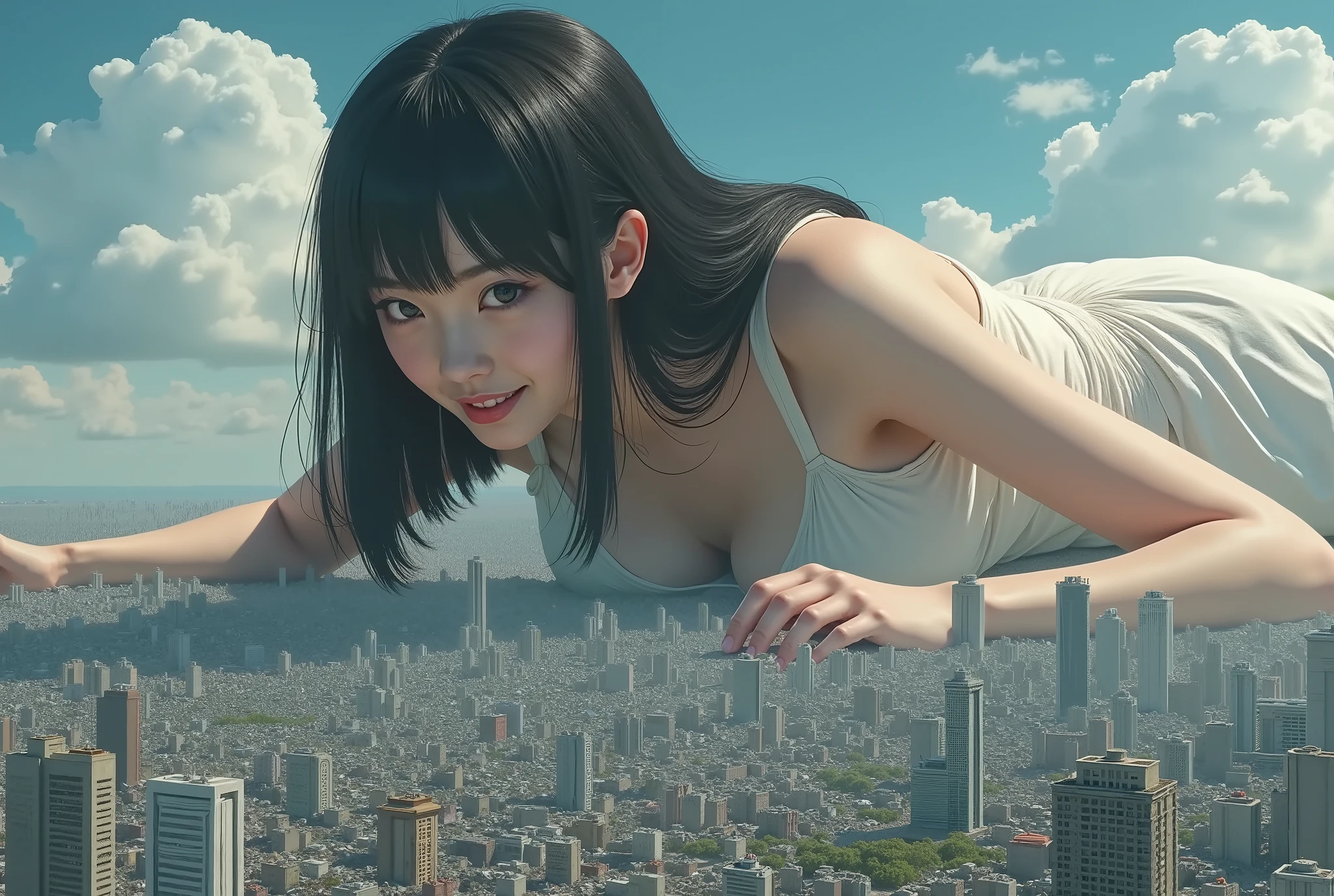 (High Beautiful Super Giant Japanese girl, Super Real photorealistic), (Super Best masterpiece Raw Photography Art), (16k, Highest Image Quality, super high resolution, RAW photos ), (Ultra-wide field of view, Very detailed and accurate1Point perspective drawing), The real world is crushed and destroyed by a very, very, super overwhelmingly large Japanese girl