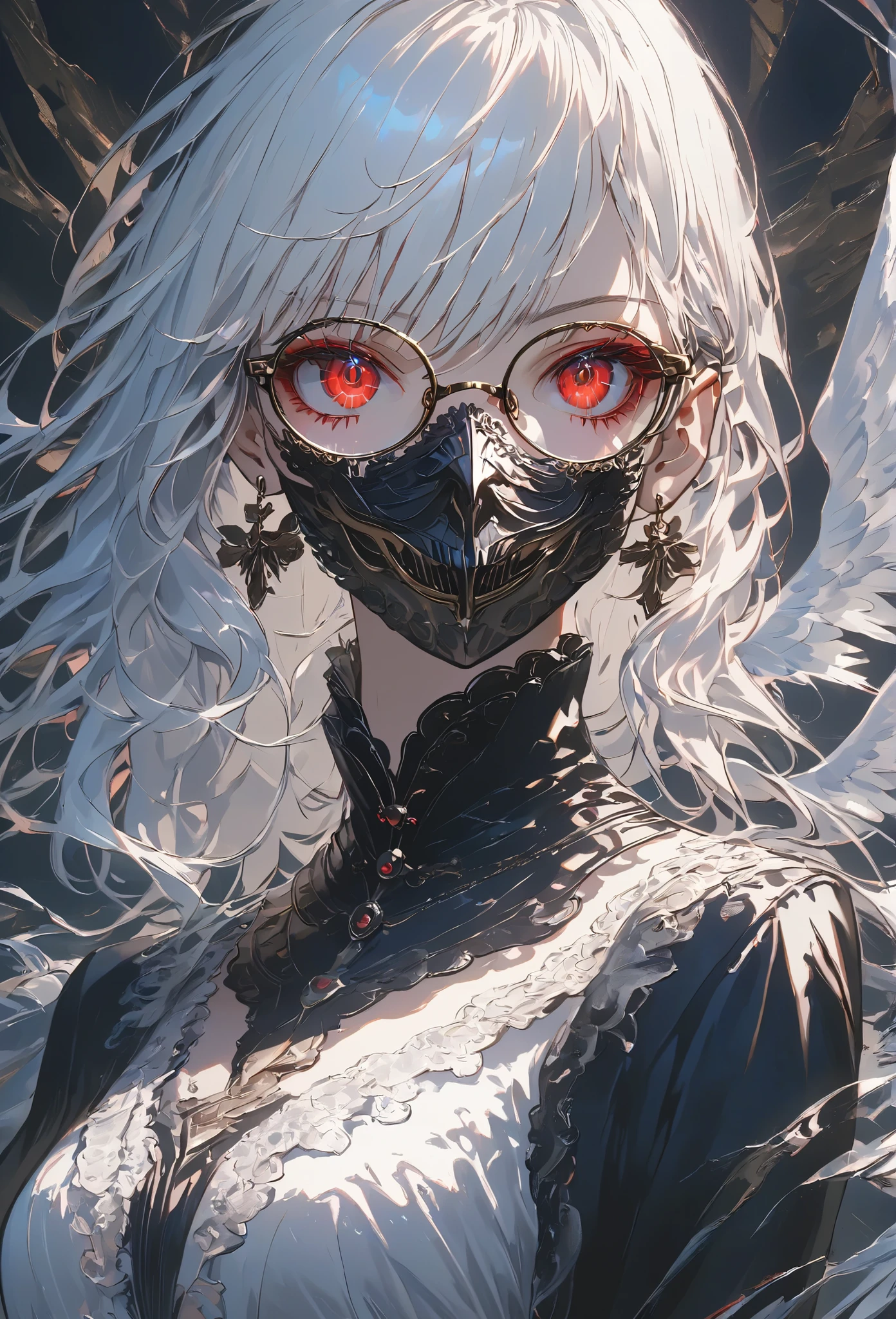 Masterpiece, High Quality , high resolution, 16k, very detailed background , Digital Painting , Makoto Shinkai's illustrations, Hyperrealistic , viewer, slender, one girl, whole body, movie poster, Official Art, spy, Glasses Black Suit , white shirt, Long white hair, Red Eyes, ( thighs:0.5), detailed face, Beautiful Hair, long lashes, 一服のcigarette草, cigarette, dynamic lighting , high resolution, sharp concentration, evil, dark vibe