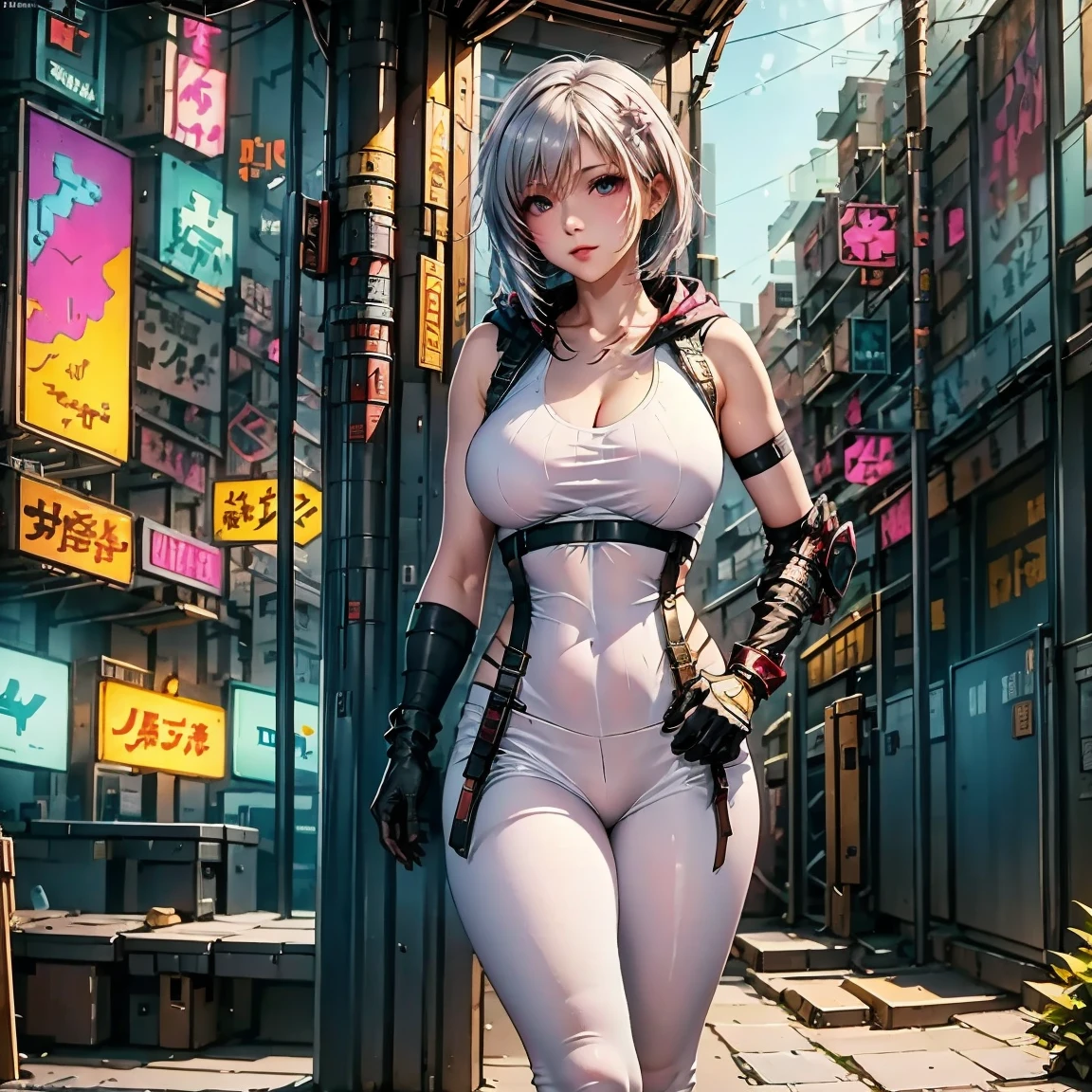 (((of the highest quality: 1.4))),(unparalleled masterpiece ever), (Ultra high definition),(Ultra-realistic 8K CG, camera view from behind), offcial art、 (((adult body, super huge enormously gigantic tits, cleavage showing))), (((1girl in))), ((( Bob Shorthair ))), Punk girl with a perfect body, kimono with lots of straps buckles and zippers,Beautiful and well-groomed face,Fancy makeup,Detailed punk trendy fashion,detailed kimono, (Image from head to thigh),((Platinum white Bob Shorthair )), Harajuku-inspired hooded kimono, Simon Bisley's urban savage style,Detailed street background of Tokyo,Clean abs, Complex graphics, dark pink with white stars and gray and white stripeany poisonous tattoos )), piercings, cherry blossoms blowing in the wind