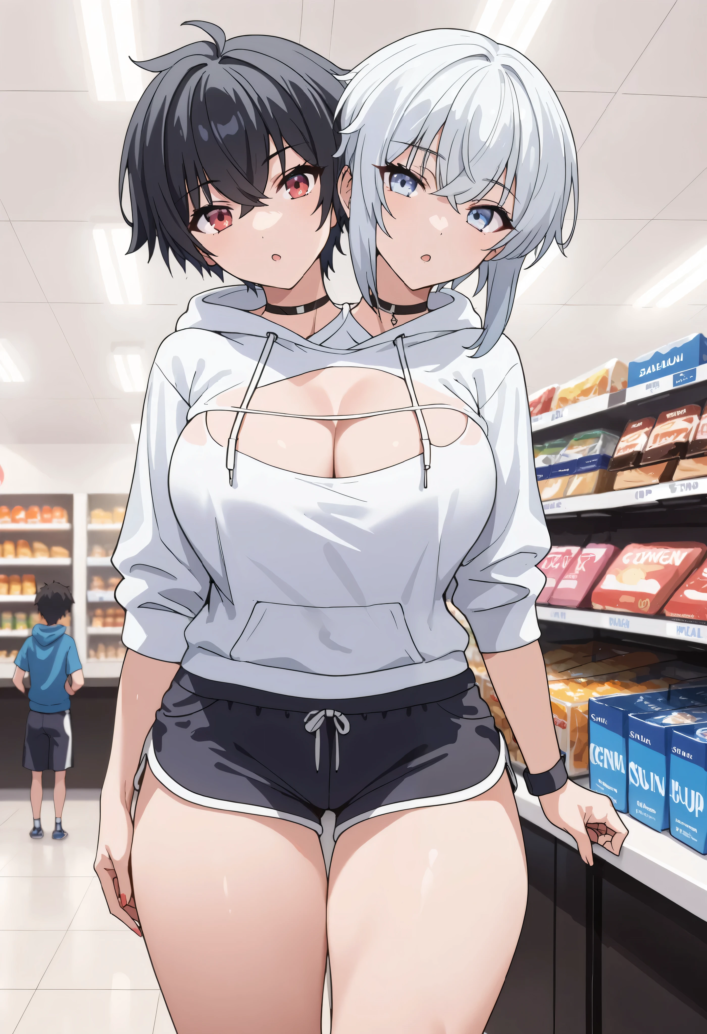 2heads, a tall thin woman with 2 heads, black hair, white hair, red eyes, blue eyes, grinning, She is wearing a white hoodie and black dolphin shorts. She is inside a game shop. She is walk in the game shop, Gigantic breasts. tomboy