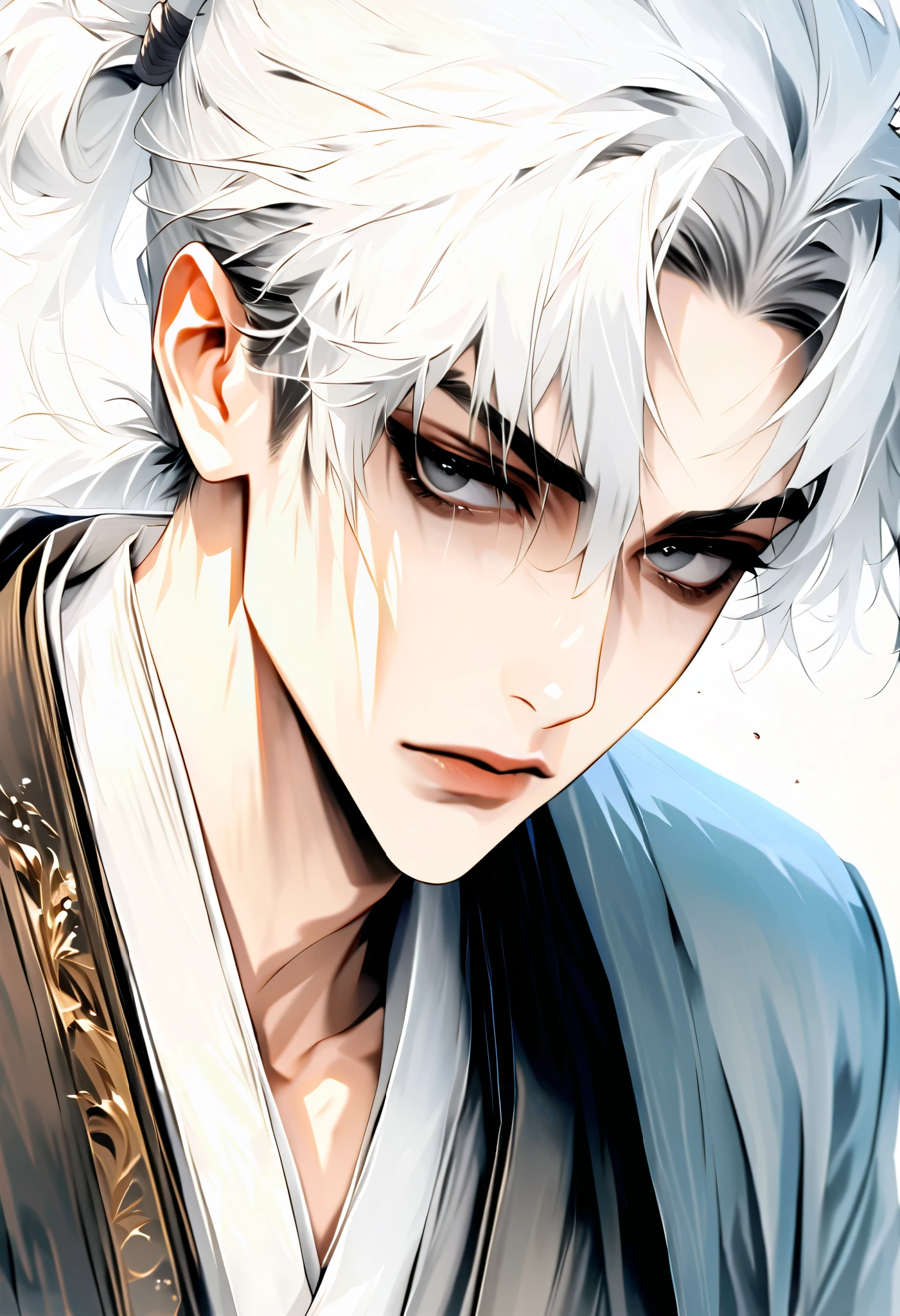 ( absurd, Hi-Res, Super detailed, masterpiece, Best Quality, Semi-realistic), face focus , Alone, 1 male, handsome, beggar, 25-year-old male, white Hair , Top Knot, bob hair, dark eyes, Pure white hanboku, look uneasy