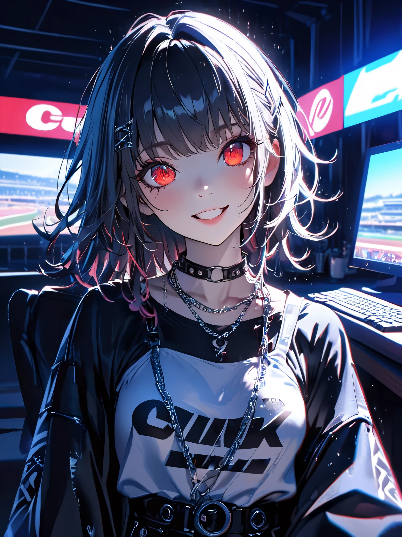 1 girl, a cute dress with a long coat 、 in , beautiful eyes、 keyboard every little detail , Soft light, Masterpiece, , complicated , Tone Mapping . Charterner v2 , , clear focus , dramatic lighting , Very cinematic, super Practical painting, art station trend , 8k, の素晴らしい影が付いた keyboard , Practical, whole body, View, Viewers, Portrait of a Girl 1, standing at the racecourse , Heavy rain and thunder、Dark Skies, neon and cyber punk background, she is dressed in punk clothing with silver chains and silver spikes, 彼女の髪teeth黒く染まっている ..........Ominous aura of light, smile, punk, ciber punk, backlit. : cute , . standing at the racecourse , . Beautiful red eyes. cute , keyboard . . teeth . をつけた keyboard 、 {x}, A girl around 20 years old is wearing a long leather coat .Breasts are big.Breasts are big. をつけた keyboard