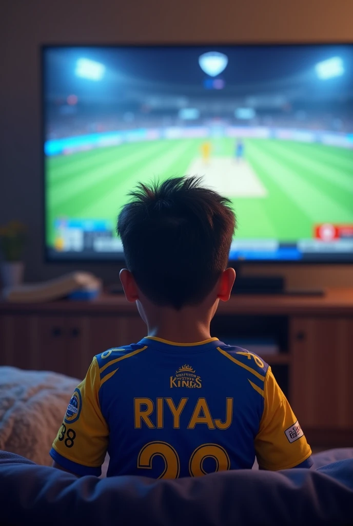 A boy sitting in front of tv wathching chennai super kings
cricket match
With india 7 jersey number and shivansh name on his jersey
