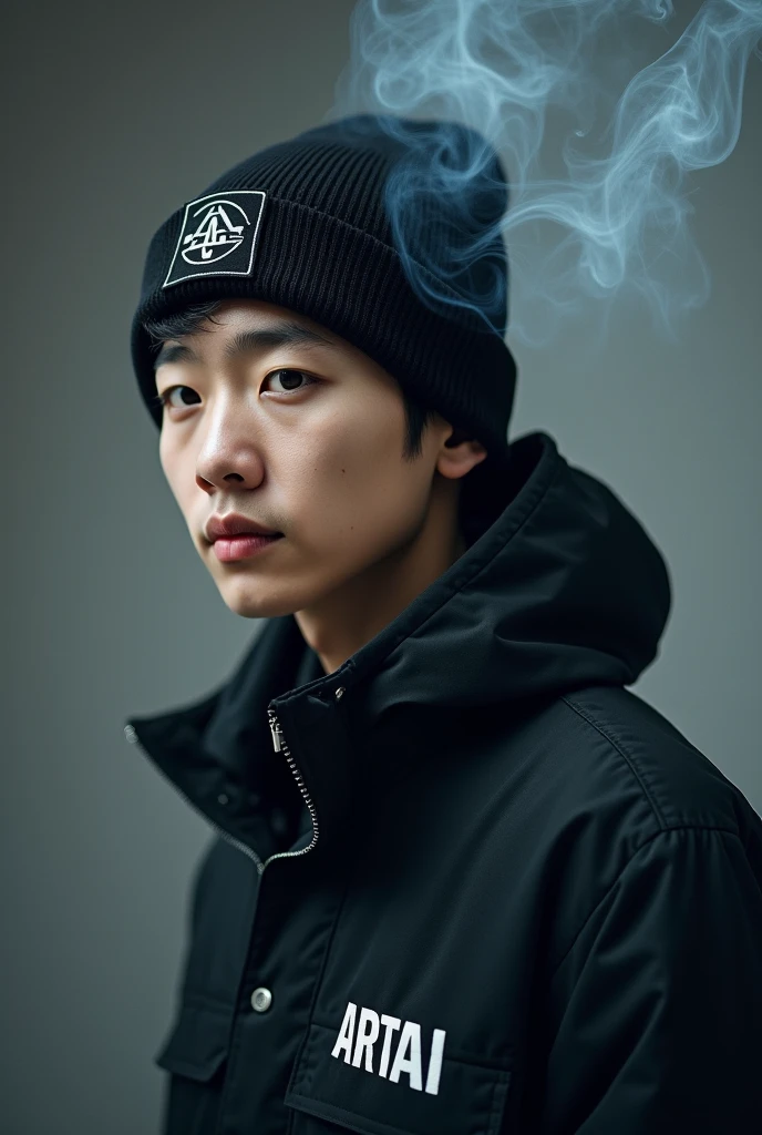A handsome Asian man, black hair with crew cut hair style, wearing a black hoodie write "SANG PENULIS", torn black jeans. Sitting on a plastic chair and leaning back, exhaling smoke from his mouth, smoking casually, also giving a smoke effect. White painted wall background. Hyper Realistic. Ultra HD. Photography. Very Details
