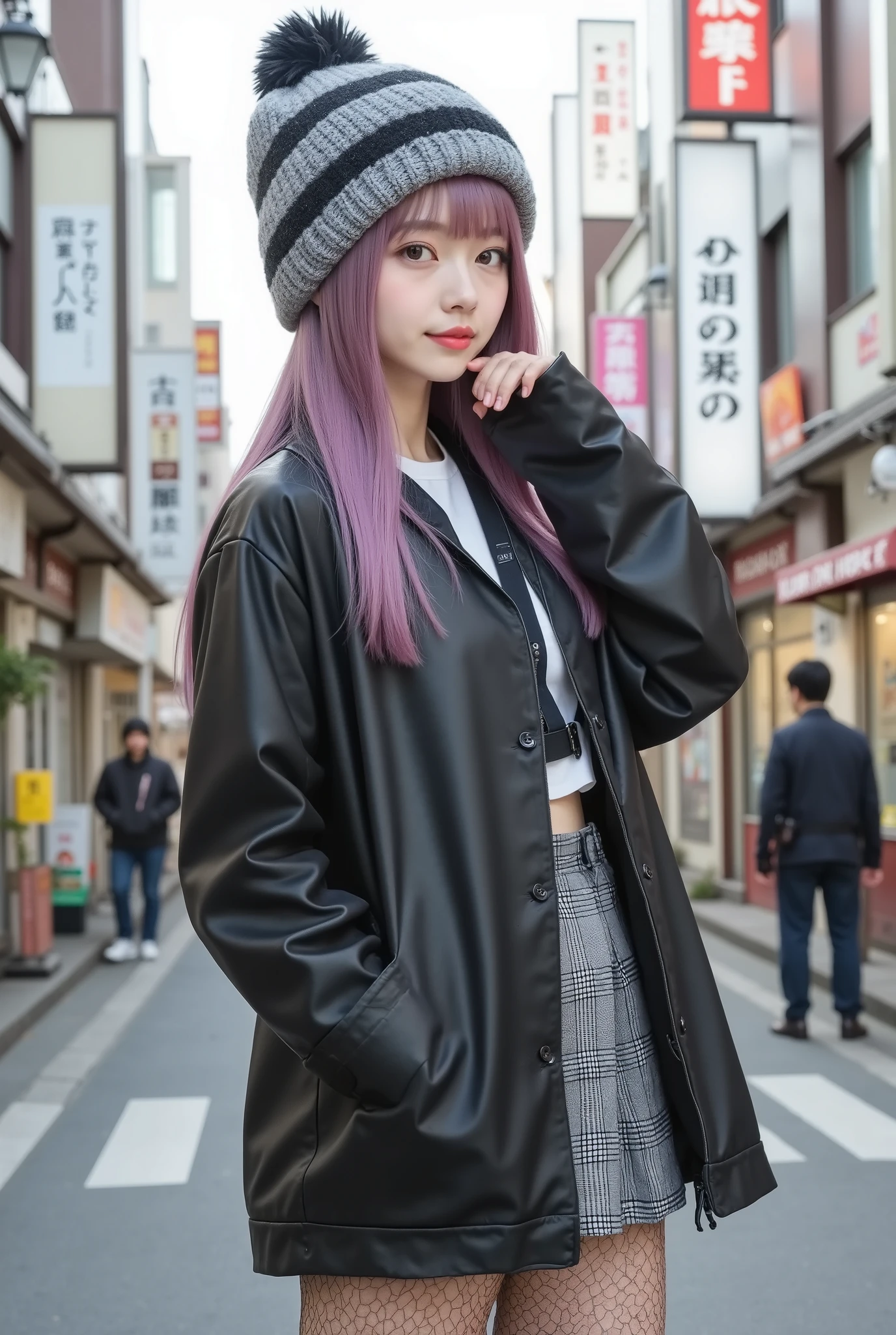 She is a visually striking Japanese gal,1girl\(hairstyle\((Smooth multi-colored delicate stright hair,blonde color and purple color with pink highlights), straight bangs cut evenly across the forehead,The ends of the hair have soft curls, and the texture is rendered with detailed, ultra-realistic precision\),covering face both hand,happy smile,Transparent white skin, She is wearing an oversized vintage-like faux leather blouson, a gray and black striped knitted hat with pom-poms at the ends of the left and right strings, pleated skirt pants with a monochrome check pattern, and her shoes have a classic feel. She wears modern black western boots and loose black socks\),her posing on the sidewalk of a busy street in Japan,((Please draw her from the side)),feel a bewitching and sexy atmosphere from her,photorealistic,portrait,