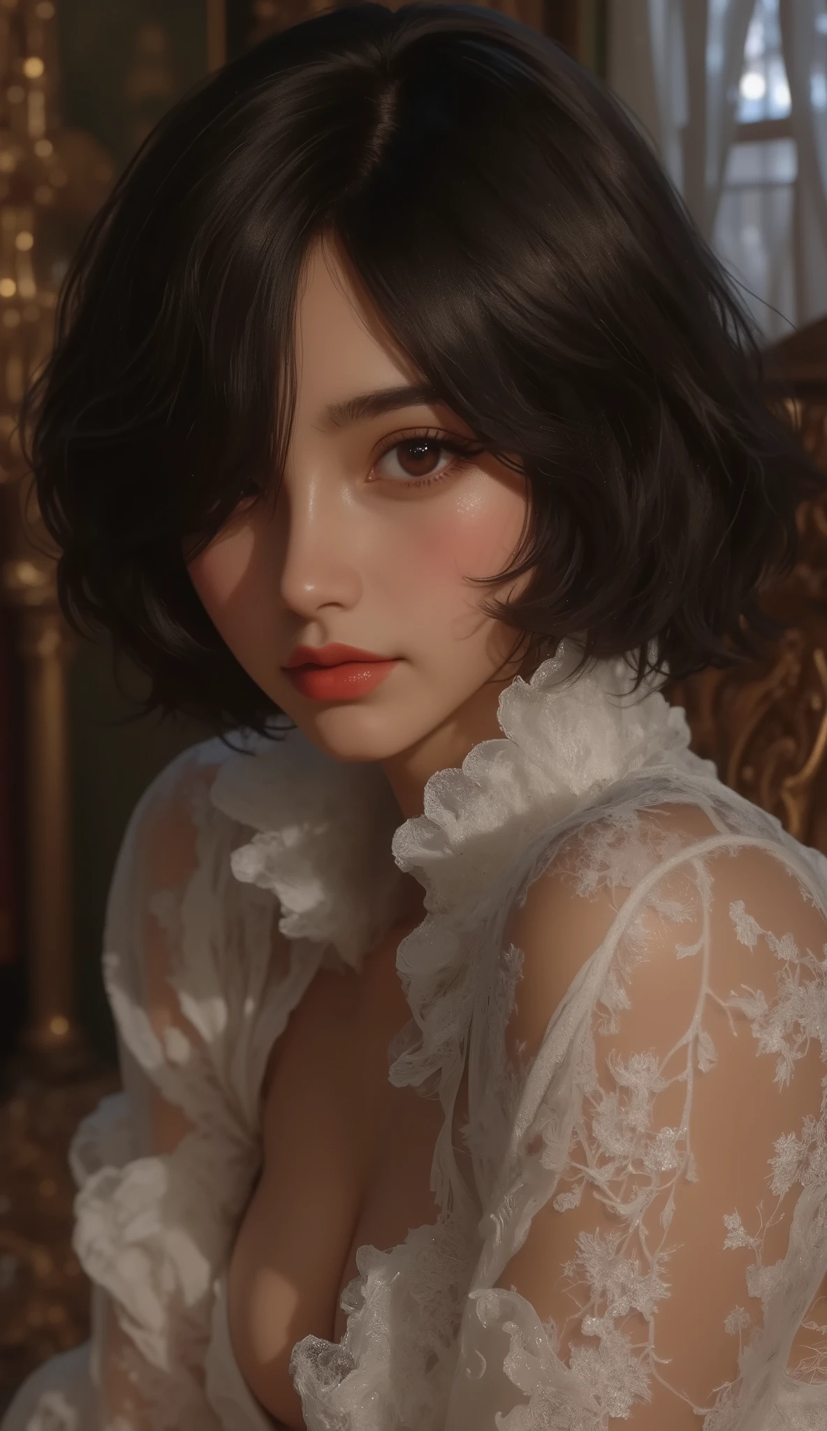 high resolution, Masterpiece, Luca Saracina, short hair, black hair, (Alone), 1 girl, cute, interior , detailed eyes, ( dark eyes)
