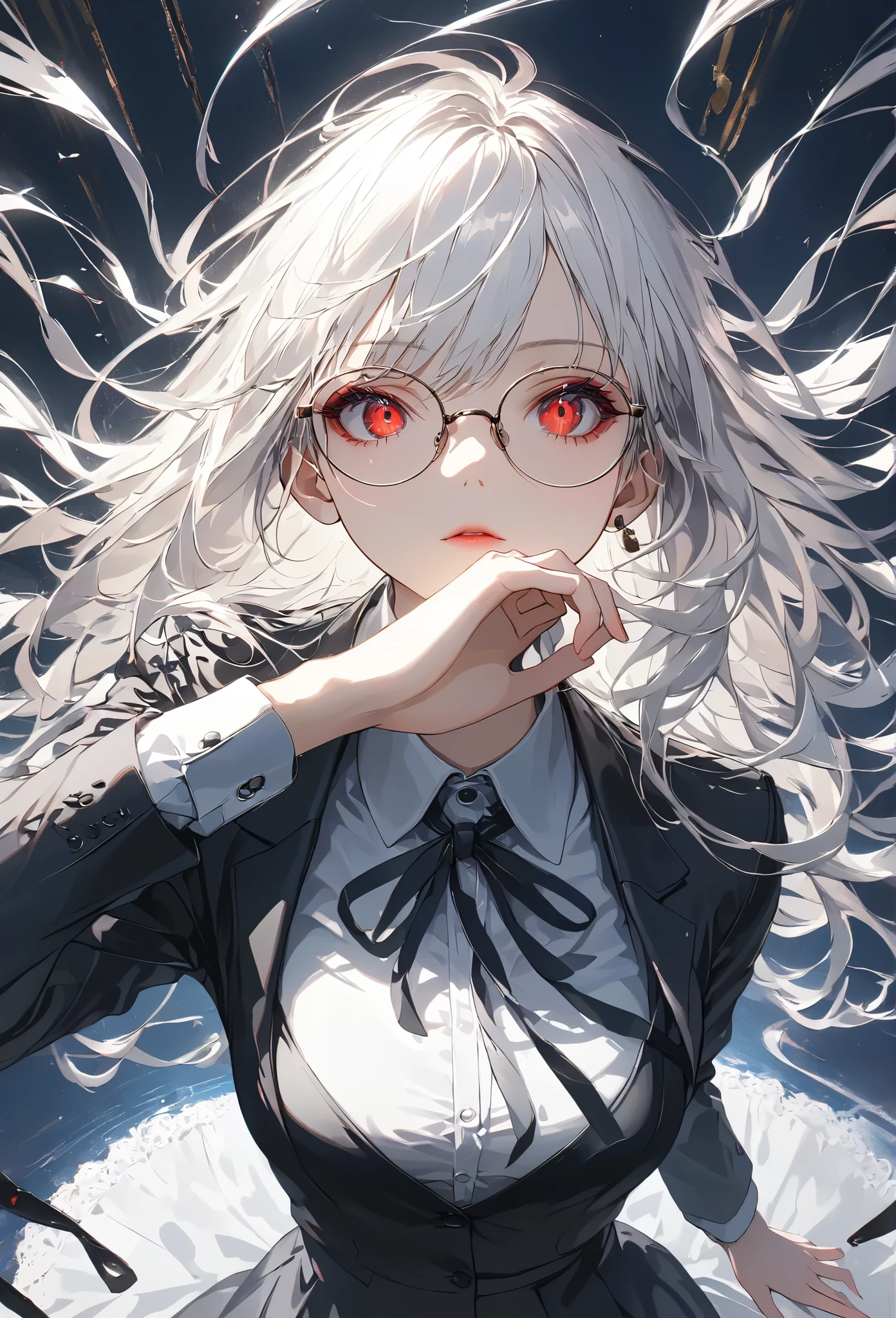 Masterpiece,  High Quality ,  high resolution, 16k,   very detailed background  ,   Digital Painting ,  Makoto Shinkai's illustrations,  Hyperrealistic , viewer, slender,  one girl, whole body,  movie poster,  Official Art, spy,  Glasses Black Suit ,  white shirt, Long white hair,  Red Eyes, ( thighs:0.5),  detailed face, Beautiful Hair,  long lashes, 一服のcigarette草, cigarette,   dynamic lighting  ,  high resolution,  sharp concentration, evil,  dark vibe