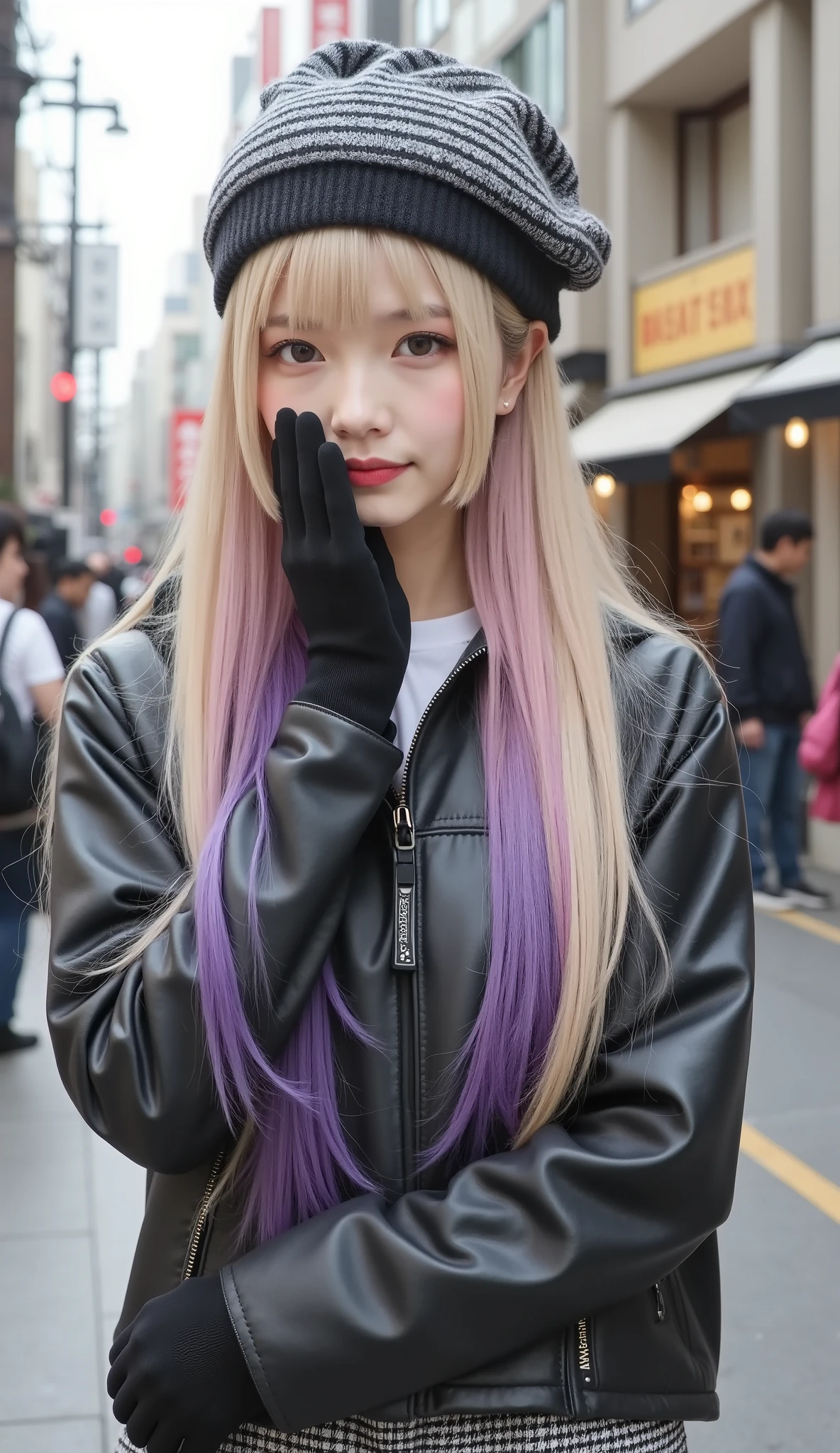 She is a visually striking Japanese gal,1girl\(hairstyle\((Smooth multi-colored delicate stright hair,blonde color and purple color with pink highlights), straight bangs cut evenly across the forehead,The ends of the hair have soft curls, and the texture is rendered with detailed, ultra-realistic precision\),covering face both hand,happy smile,Transparent white skin\), She is wearing an oversized vintage-like faux leather blouson, a gray and black striped knitted hat with pom-poms at the ends of the left and right strings, pleated skirt pants with a monochrome check pattern, and her shoes have a classic feel. She wears modern black western boots and loose black socks. her posing on the sidewalk of a busy street in Japan,feel a bewitching and sexy atmosphere from her,photorealistic,portrait,