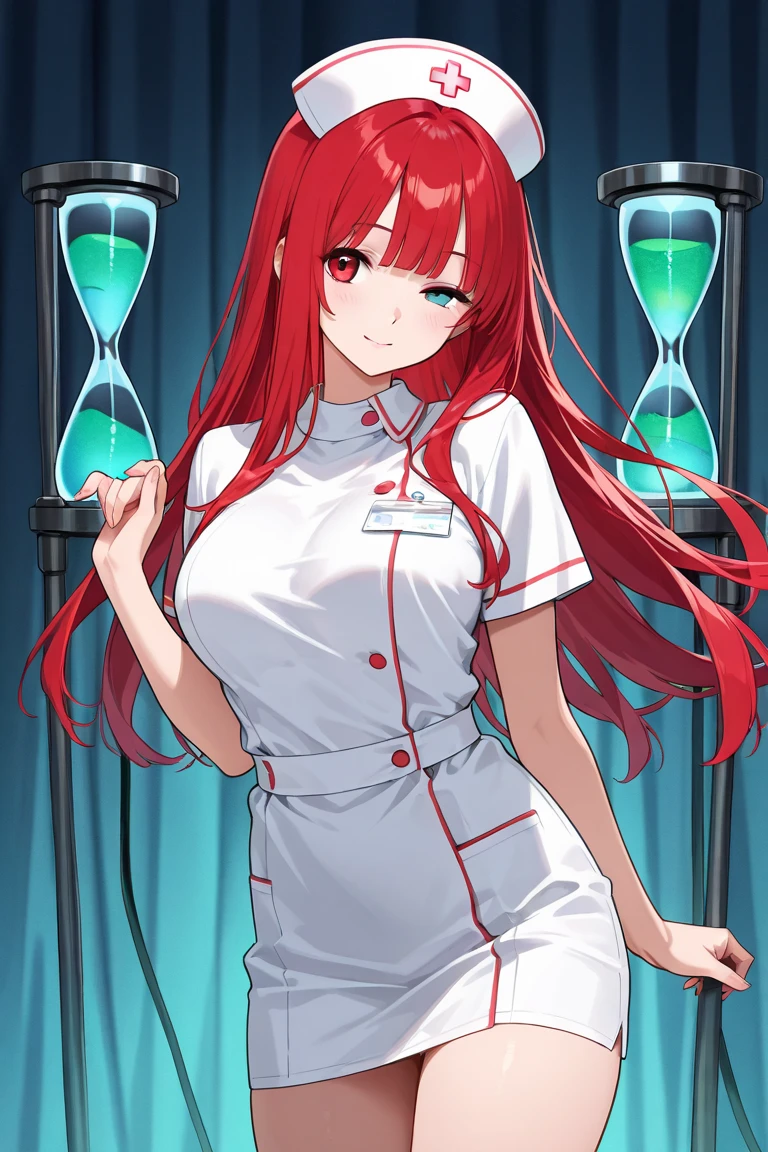 Masterpiece, best quality, 1 red-haired anime 3D nurse, radiant smile, brimming with happiness and contentment in her profession, stethoscope delicately draped around her neck, abstract theme in the background, pulsating colors representing the dynamic and ever-evolving essence of healthcare, intricate details highlighting the nurse's attire and equipment, creating a captivating and immersive scene. --s2