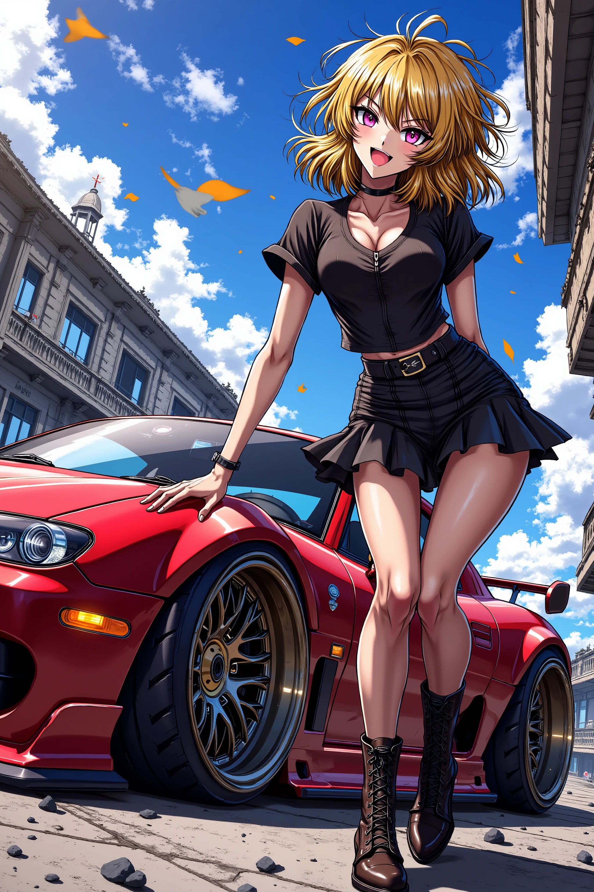 A beautiful woman is standing next to a tuned MAZDA RX7、 Wide Body Kit 、deep rim aluminum wheel、positive camber、JDM、 glossy brown skin 、 anime 、 top quality, movie light effect, STANCE Nation 、Yellow Hair