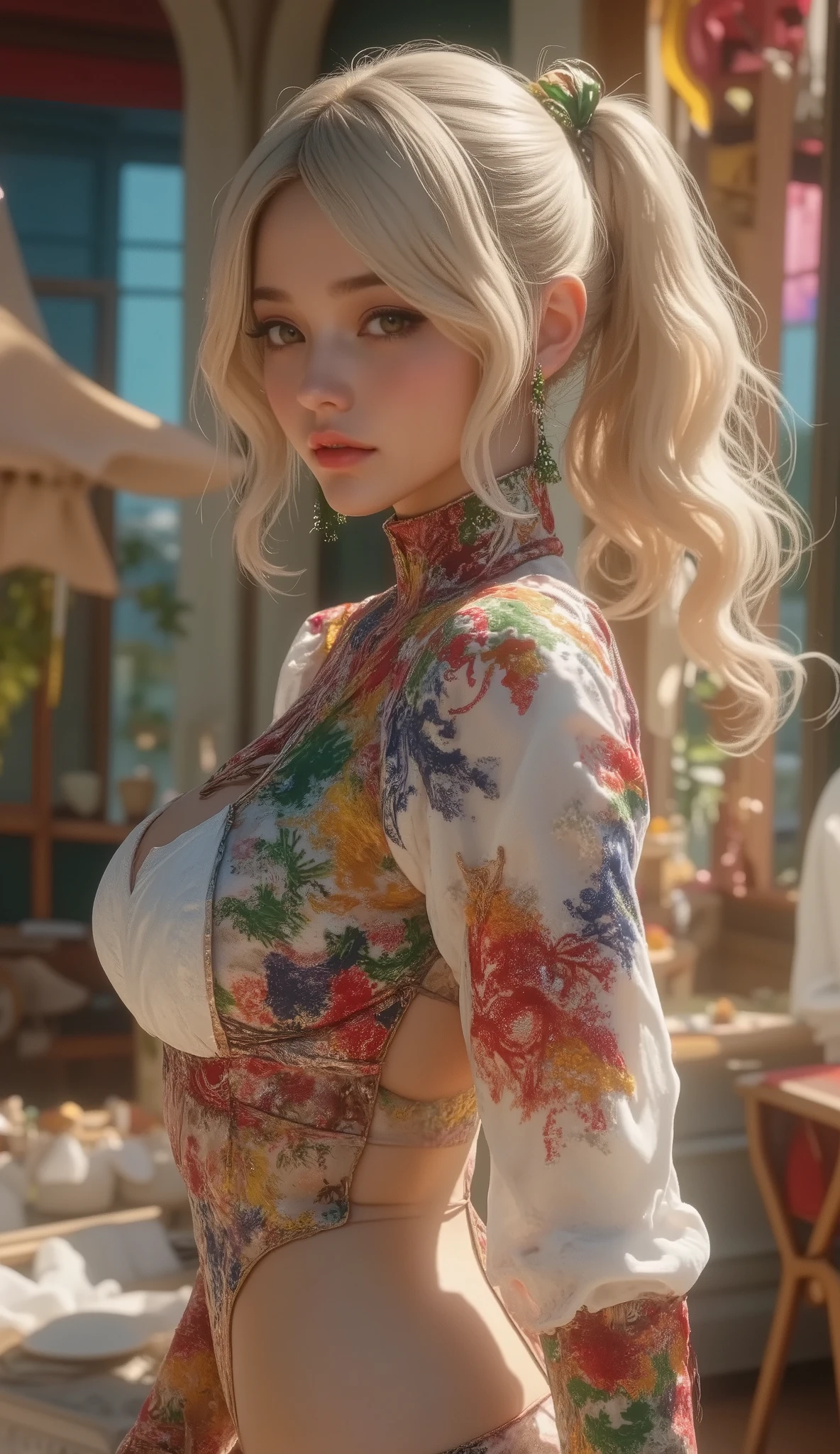 (Masterpiece), ( best quality ), ( ULTRA DETAILS),(  dichevelle hair ),( illustration), ( 1 girl), ( Highly fashionable clothes ),  standing,  fashion model,  Audience , (Interview), (simple background),  beautiful eyes in every detail  ,  Delicate and Beautiful Face, floating,(High saturation),( Colorful Splashes ), Colorful Bubbles ,(Shine),  face during the POV ,   ponytail, Ayaka Kamisato,  light blue hair, bangs,  hair ring, Floating Flower,  My hair is fluttering 】, (Shine),   Best Lighting ,  Best Shadow ,