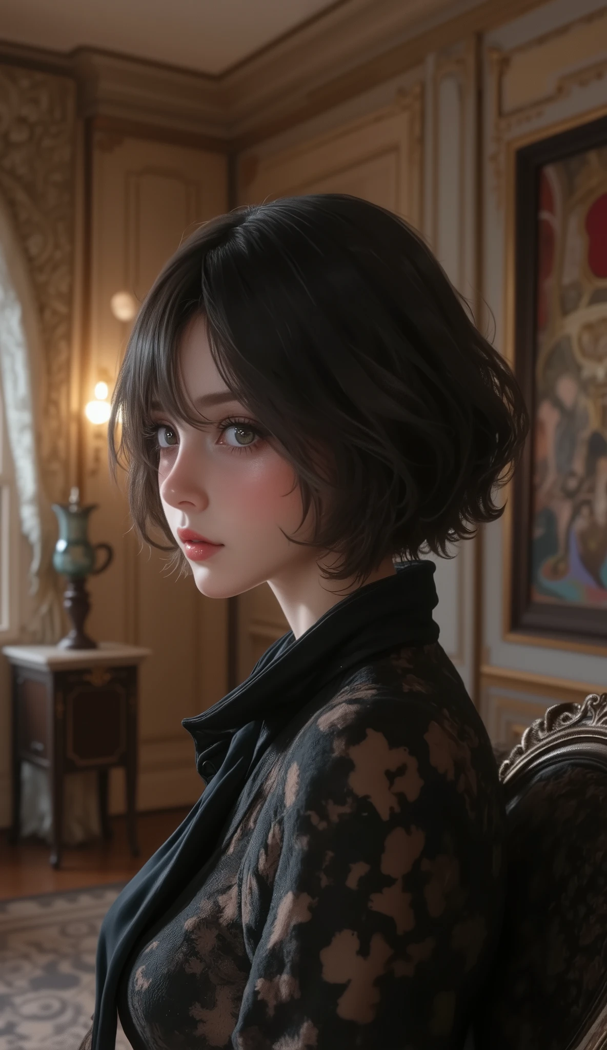 high resolution, Masterpiece, Luca Saracina, short hair, black hair, (Alone), 1 girl, cute, interior , detailed eyes, ( dark eyes)