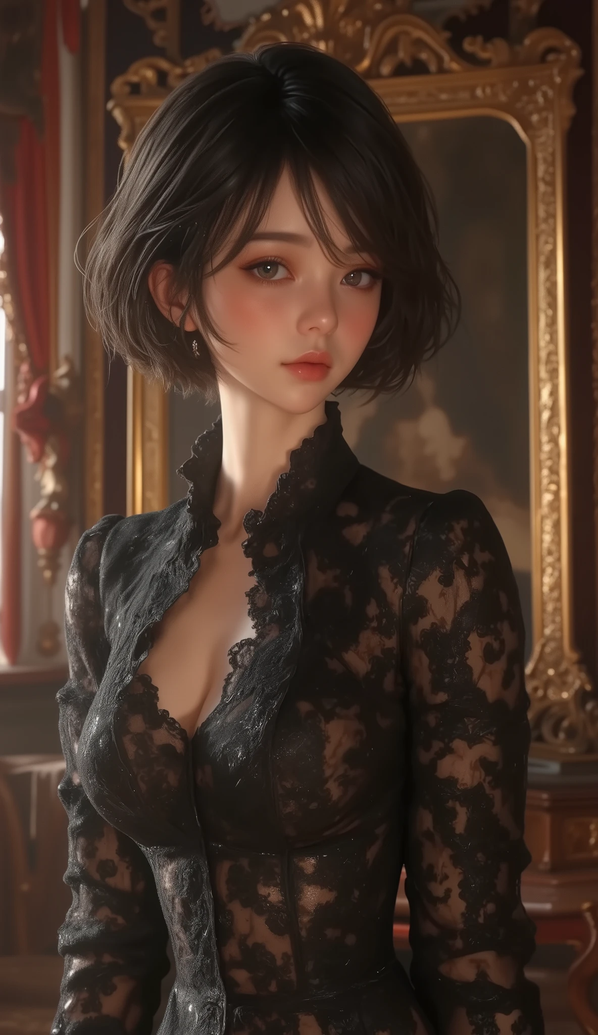 high resolution, Masterpiece, Luca Saracina, short hair, black hair, (Alone), 1 girl, cute, interior , detailed eyes, ( dark eyes)