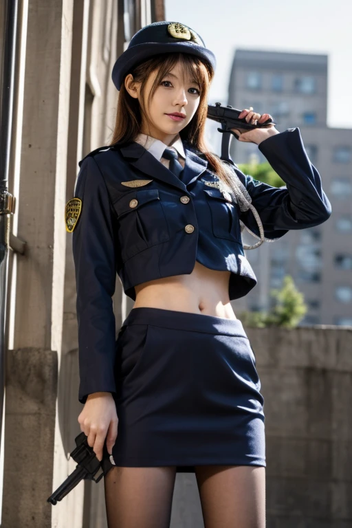 ((highest quality)), ((masterpiece)), (detailed), Perfect face, 20-year-old as cute as a -yeld id gentle smile, realistic policewoman uniform, miniskirt, exposed nipples, full-body realistic stick figure, real