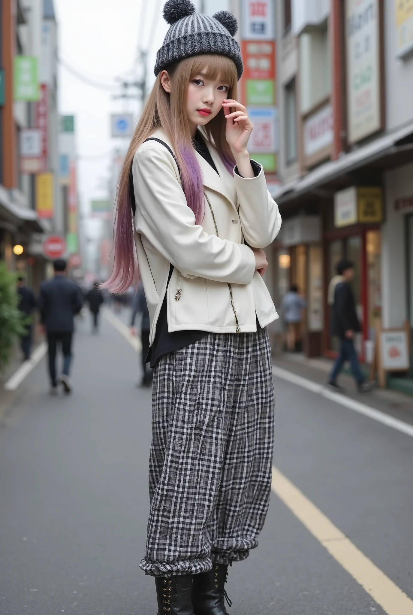 She is a visually striking Japanese gal,1girl\(hairstyle\((Smooth multi-colored delicate stright hair,blonde color and purple color with pink highlights), straight bangs cut evenly across the forehead,The ends of the hair have soft curls, and the texture is rendered with detailed, ultra-realistic precision\),covering face both hand,happy smile,Transparent white skin, She is wearing an oversized vintage-like faux leather blouson, a gray and black striped knitted hat with pom-poms at the ends of the left and right strings, pleated skirt pants with a monochrome check pattern, and her shoes have a classic feel. She wears modern black western boots and loose black socks\),her posing on the sidewalk of a busy street in Japan,((Please draw her from the side)),feel a bewitching and sexy atmosphere from her,photorealistic,portrait,
