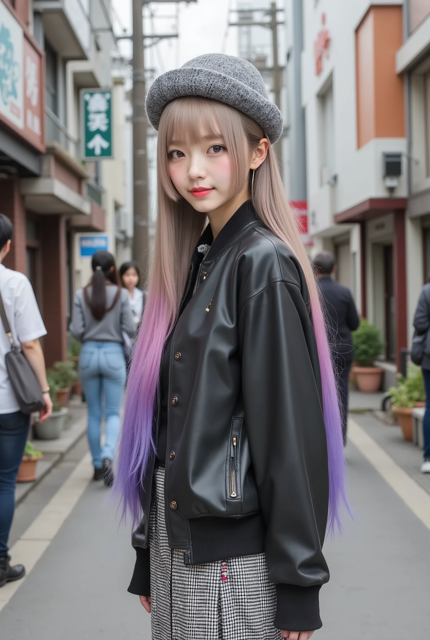 She is a visually striking Japanese gal,1girl\(hairstyle\((Smooth multi-colored delicate stright hair,blonde color and purple color with pink highlights), straight bangs cut evenly across the forehead,The ends of the hair have soft curls, and the texture is rendered with detailed, ultra-realistic precision\),covering face both hand,happy smile,Transparent white skin, She is wearing an oversized vintage-like faux leather blouson, a gray and black striped knitted hat with pom-poms at the ends of the left and right strings, pleated skirt pants with a monochrome check pattern, and her shoes have a classic feel. She wears modern black western boots and loose black socks\),her posing on the sidewalk of a busy street in Japan,((Please draw her from the side)),feel a bewitching and sexy atmosphere from her,photorealistic,portrait,