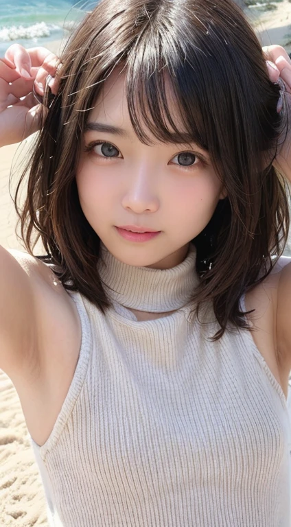 (Summer beach、Walking along the beach、Walking on the beach side:1.2、Resort、blue sky、Beautiful sea)、((A one-piece dress that fits the body、Abdominal muscles)、Sandals、Big Breasts)、the wind is strong、(Realistic、Like a photograph、Live Action、8K, Realistic, RAW Photos, Best image quality: 1.4), Single-lens reflex camera、RAW Photos, Highest quality, Realistic, Highly detailed CG Unity 8K wallpaper, Written boundary depth, Cinematic Light, Lens flare, Ray Tracing, Realistic background、((ultra high density skin))、 A teenage girl traveling in Okinawa,Cute Japanese、(whole body:1.5)、Super detailed face、Kissing Face、Facial expressions that want to kiss),avert your eyes:1.1、(Silver inner color hair、short hair:1.2、My hair flutters in the wind:1.4)、I like that style、stylish、Very detailed、Pay attention to the details、Perfect outfit、(Sunburned skin)、View from below、Accurate hands、Accurate legs、Detailed hands and fingers、Anatomically correct body