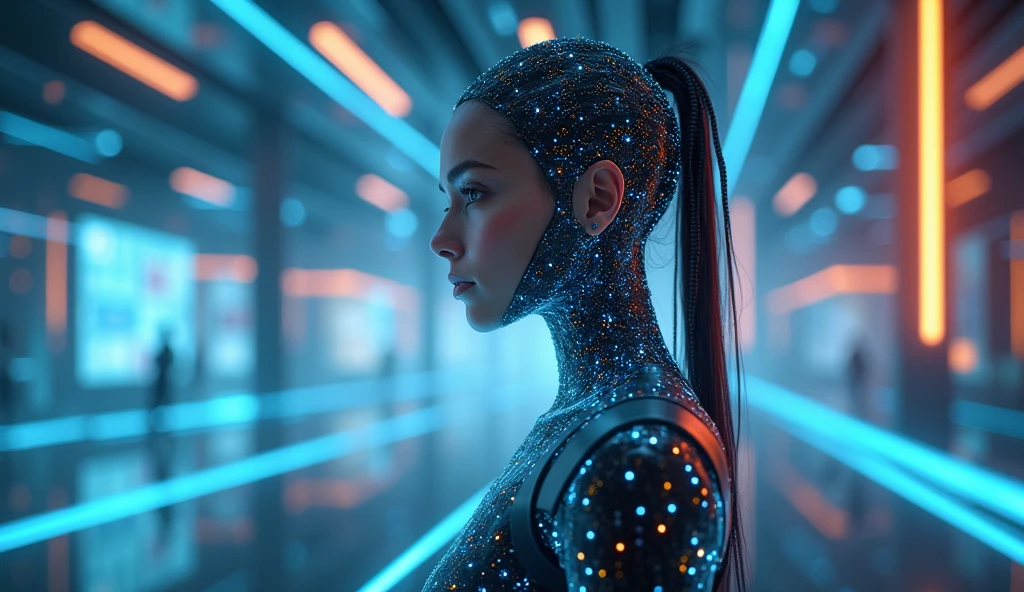 Vibrant Rim Light, Volumetric Lighting, (centered:1.1) (full body shot:1.2) <lora:dataviz_style_xl_v1:1.2> black and white dataviz style, black and white network data visualization in the shape of woman wearing skinny space suit on spaceship of space station in the space, beautiful eyes <lora:CarbonFIberXLv1:0.7> carbonfiber <lora:GigerRainbowXL:0.6> g1h3r , subsurface scattering, Photorealistic, Hyperrealistic, analog style, realistic, film photography, soft lighting, heavy shadow, light depth, dramatic atmospheric lighting, Volumetric Lighting, bright rim light, high contrast, bold edge light