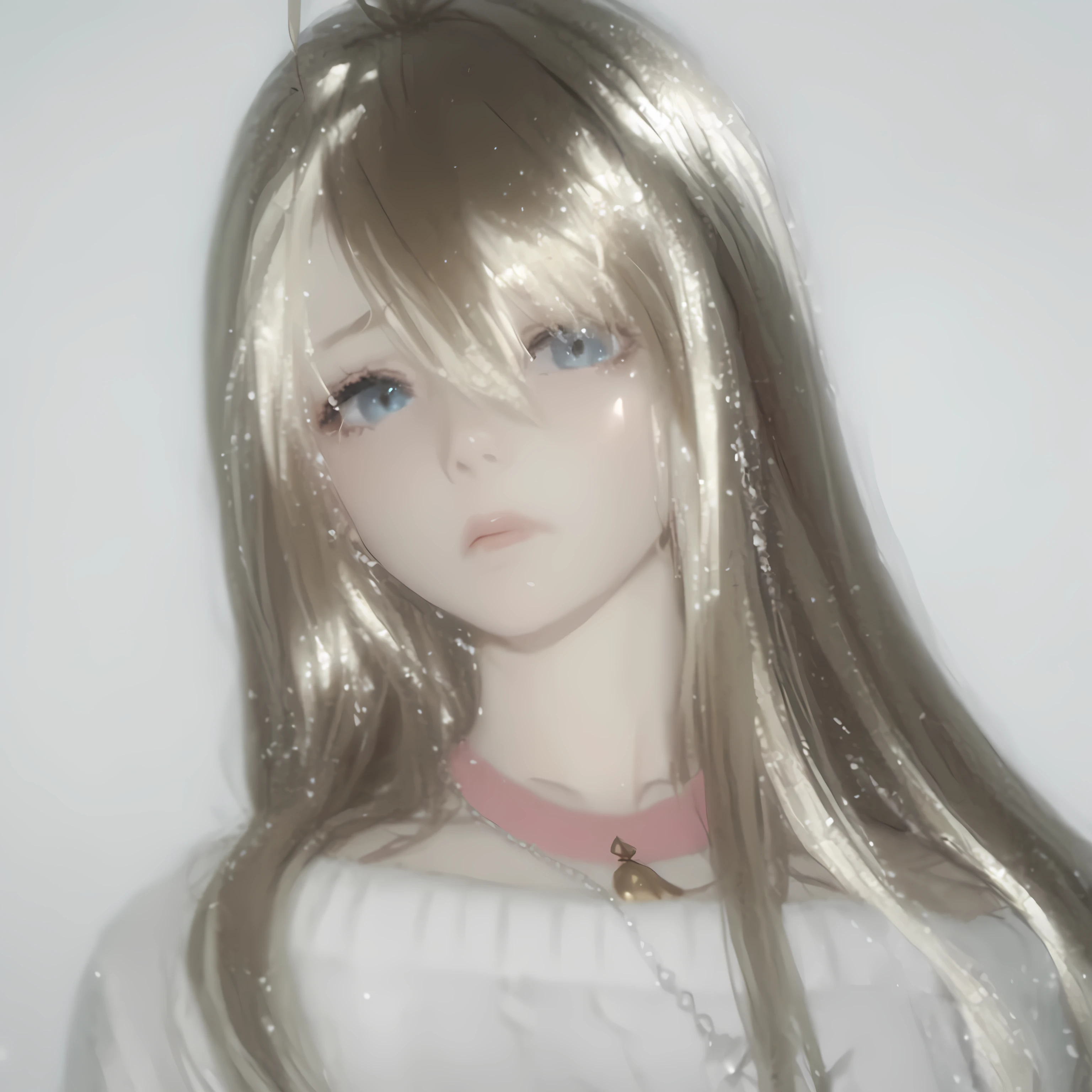 1girl, Solo, Long Hair, Looking at viewer, Blonde Hair, Simple background, Hair Between Eyes, High Resolution, Masterpiece, Best Quality, Accurate, Bangs, Sidelocks, Ahoge, Anime Style, Cyberdoll, Doll-like, Hot girl, Cute, Very very pale skin, eerie, pale gray-blue eyes, pale blonde hair, melodramatic expression, sad, wearing sweater, necklaces, accessories, bangs covering eyes