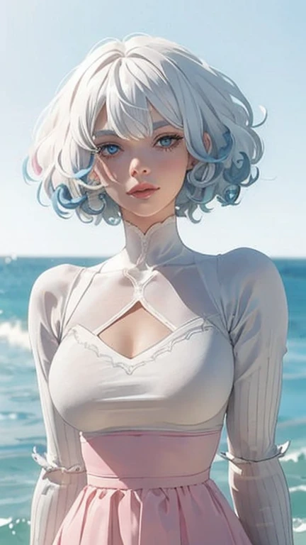 closeup portrait photo of beautiful 18 y.o girl, 8k uhd, high quality, dramatic, cinematic, sexy, cute, bobcut, white hair, (((big round breasts))), perfect small nipples, supermodel, perfect face, perfect breasts, sexy attire, (((perfect jaw))) , (((white bikini))), (((perfect skin)))