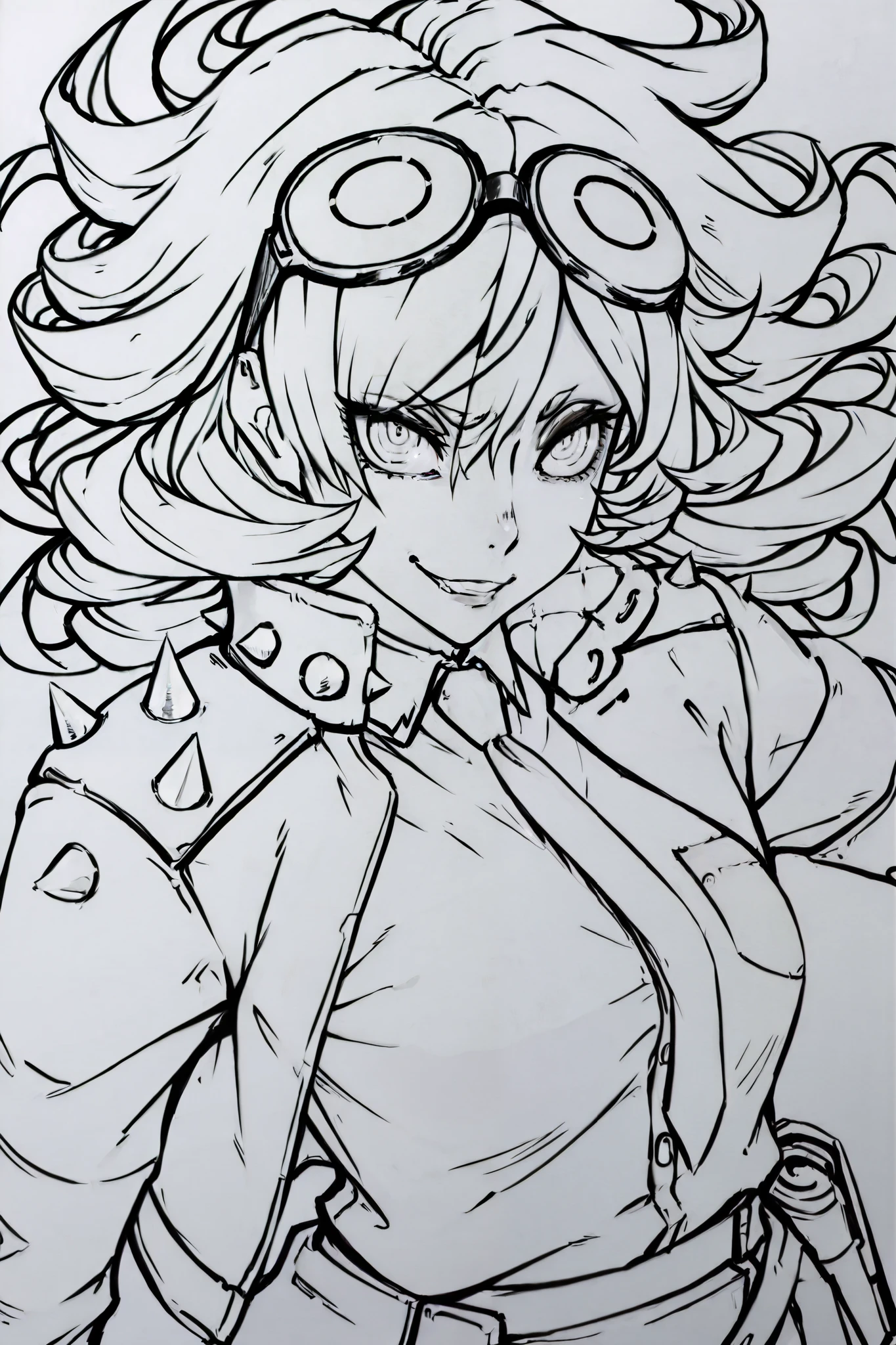 score_9, score_8_up, score_7_up, score_6_up, score_5_up, score_4_up,  
BREAK
(masterpiece: 1.0), best quality, perfect anatomy, perfect composition, perfection, 
BREAK
line-art, lineart, monchrome, greyscale, masterpiece. kdm style, no color
BREAK
1girl, school shirt, tie, jacket, spiked shoulder pads, long flowing hair, hair over one eye, ringed eyes, googles on head, high angle, crazed smile, small eyebrows, defined eyelashes 
