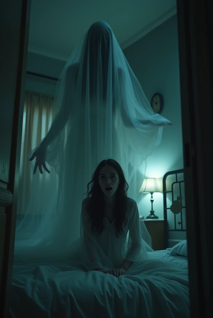 A female ghost floats above a woman paralyzed in bed, gazing at her.、Horror