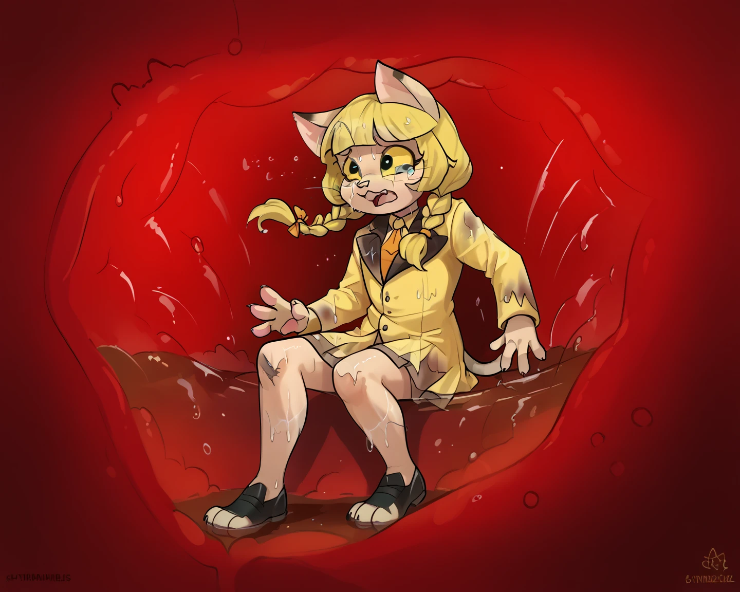 alone, External, red pupils,, (wet fur:1.4), Detailed hair, young,one piece swimsuit,Firmware version, furry anime, Bragon, very cute face, Blushed, playful, young, Detailed background, Detailed fanart, pixiv, number, masterpiece, high quality, high resolution,kneeling in slime,Thighs covered with mucus,light yellow striped cat,personal portrait,The tail is in the right position,visible to the feet