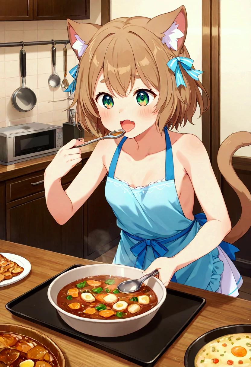 (Super detailed, high resolution, Kyoto animation style anime illustrations, highest quality official art featured: 1.6), beautiful face, eyes, highly detailed body, very detailed hair, nice hands, perfect hands, beautiful hands, (1 girl: 1.4), (Chibi: 0.8), (cute: 1.2), (cute: 1.2), (loli: 0.5), one girl, cat ears, (big, Looks large cleavage, brown hair, semi-long hair with trimmed hair, long sleeves, looks good: 1.5), (girl cooking with a tickin, : 1.4), (dynamic angle, look away, , from below, panties, school uniform, blue panties, cameltoe, nose blush, :1.2), (light smile, 17 years old, brown hair, ponytail, cat ears, aqua eyes, slender girl), break, (eating pasta Spaghetti:1.1) (griping fork:1.2), (front view:1.4), sitting on dinner table, looking viewer, smile, happy, open mouth, background is restaurant, Italian food
BREAK
solo
