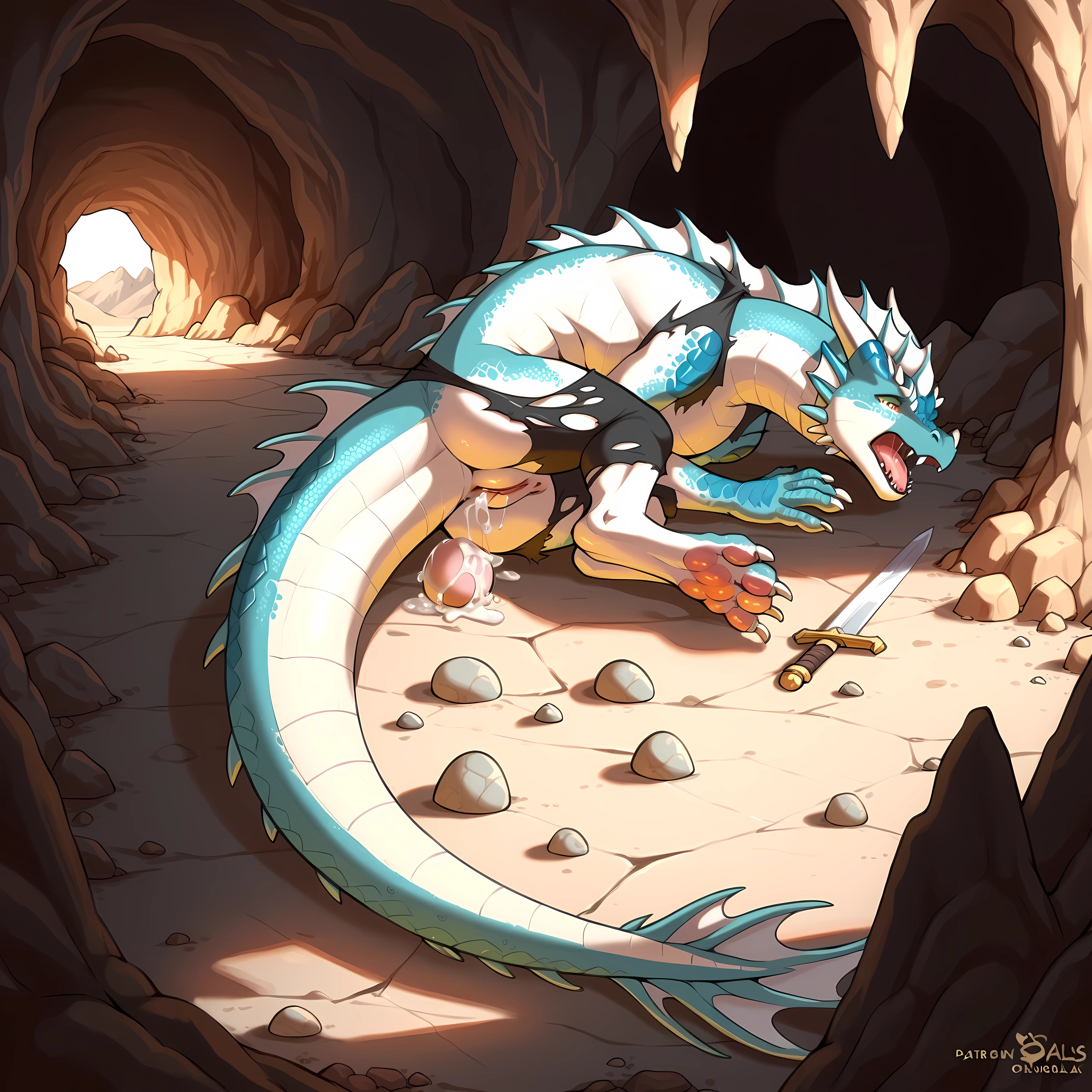 View from above, Falling from the sky, dropping, open sky, distant earth, human:1.3, woman:1.3, human skin, female, [human: dragon:0.7], [human skin: scales:0.7], [human face: dragon face: 0.8], Dragon transformation, claws, armor:1.3, sword:1.3, [human nose: dragon nose:0.7], detailed fangs, slim, slender, torn clothes, torn shoes, bursting shoes, laying egg:1.3, sticky eggs:1.3, cum, screaming, confused, pussy, masturbating, digital pads, metacarpal pad, 4toes, claws, detailed paws, Dragon lair, cave, stones, fantasy, [aquamarine, teal, azure], [green] paws, ( masterpiece, traditional commission, deep details, deep shades, ultra detailed, details nsfw)