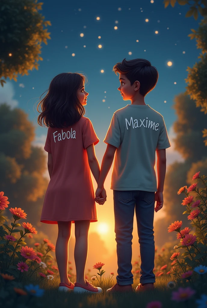 A boy with a black shirt and on his back it says Victor V, and a girl with long hair wearing a black shirt and on the back it says Jaqueline L, in a magical place