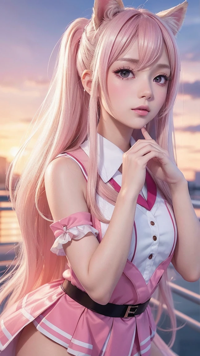Perfect human body modeling, 1girl, small breasts, beautiful girl, cute girl and idol face, young face, smile, Beautiful long pink hair, twintails, Beautiful shining red eyes, white skin, Short body, Japanese Summer School Girl's Uniform, sleeveless, sunlight, under the sun,
