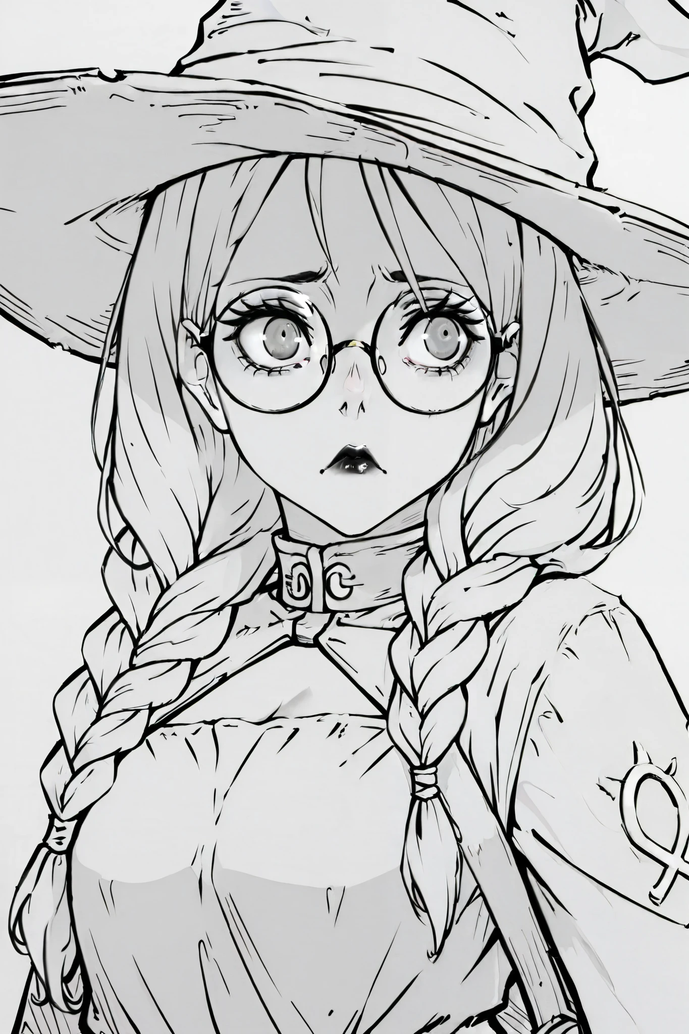
score_9, score_8_up, score_7_up, score_6_up, score_5_up, score_4_up,  
BREAK
(masterpiece: 1.0), best quality, perfect anatomy, perfect composition, perfection, 
BREAK
line-art, lineart, monchrome, greyscale, masterpiece. kdm style, no color
BREAK
1girl, perplexed expression, round glasses, confused, white hair, long eyelashes, long hair, braid over shoulder, witch hat, witch dress, Cute, black lips, grey eyes, defined eyelashes 
