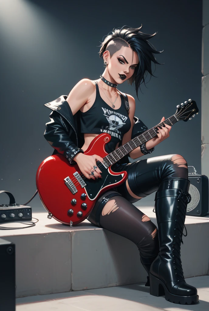 Heavy metal, biker chick with chains and spikes, ferocious expression, powerful female rock star, black leather, dressed in black leather jacket and torn jeans, dark eyeliner and black lipstick, heavy music, fierce woman, standing tall, epic guitar solo, guitar on fire, woman solo electric guitar, female guitarist of metal, woman playing the guitar, electric guitar made of metal, flames on stage, female rocker playing a concert,