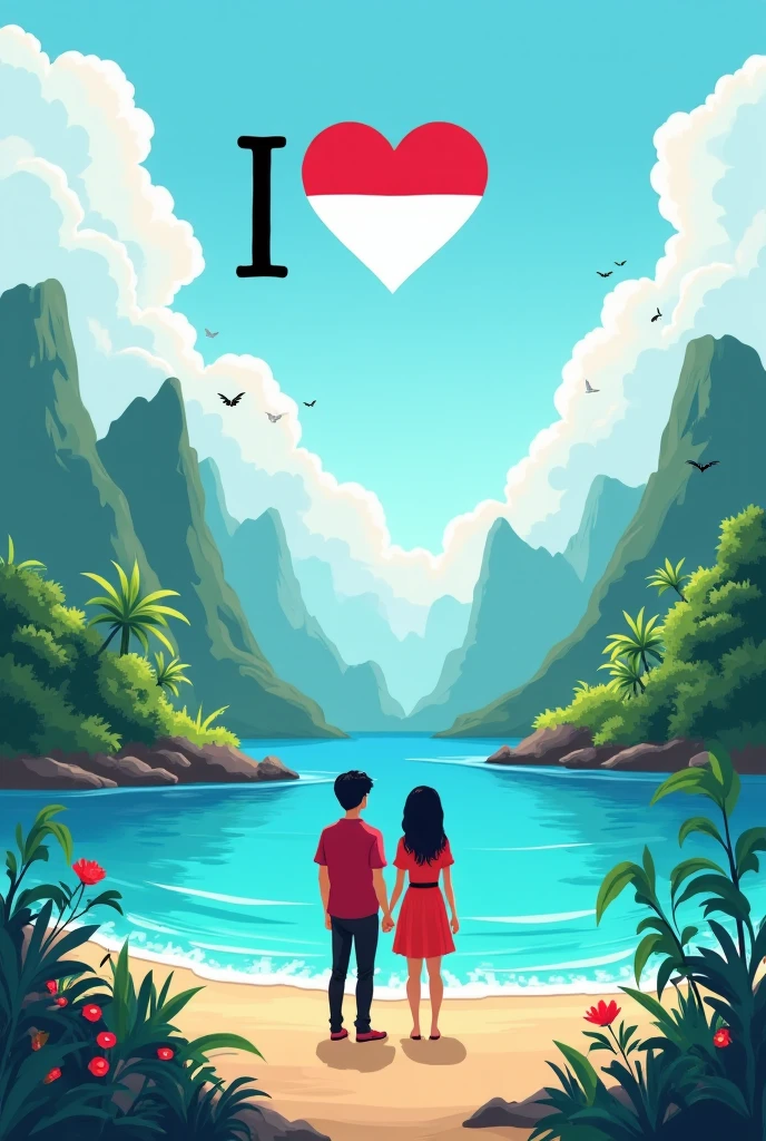 5D cartoon of a beautiful woman wearing a hijab and a handsome Indonesian man wearing a headband with the words "Indonesia" 22 years old, Smile sweetly. Indonesia, Indonesian woman wearing a red shirt that says "MV Indonesia", and white pants and black shoes holding the Indonesian flag August. with a mountainous and lake backdrop. Picture according to prompt