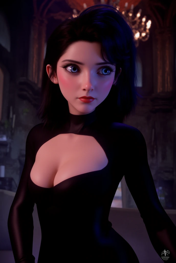 (3/4 body shot:1.6), (Masterpiece, photorealistic, photorealism, best quality, ultra-detailed:1.3), (nice hands, perfect hands), official art, cinematic light, (1girl:1.3), (solo:1.4), adult, (hyper realism), retro art style, full moon, village, Mavis Dracula, teeth, blush, smile, young female, medium breasts, (emo:1.7), (black eyelashes, light blue eyes, eyeliner, black lipstick:1.5), diamond earrings, (black hair:1.5), staring, dark evil, night, ambient candlelight , hotel Transylvania, (bat), depth of field