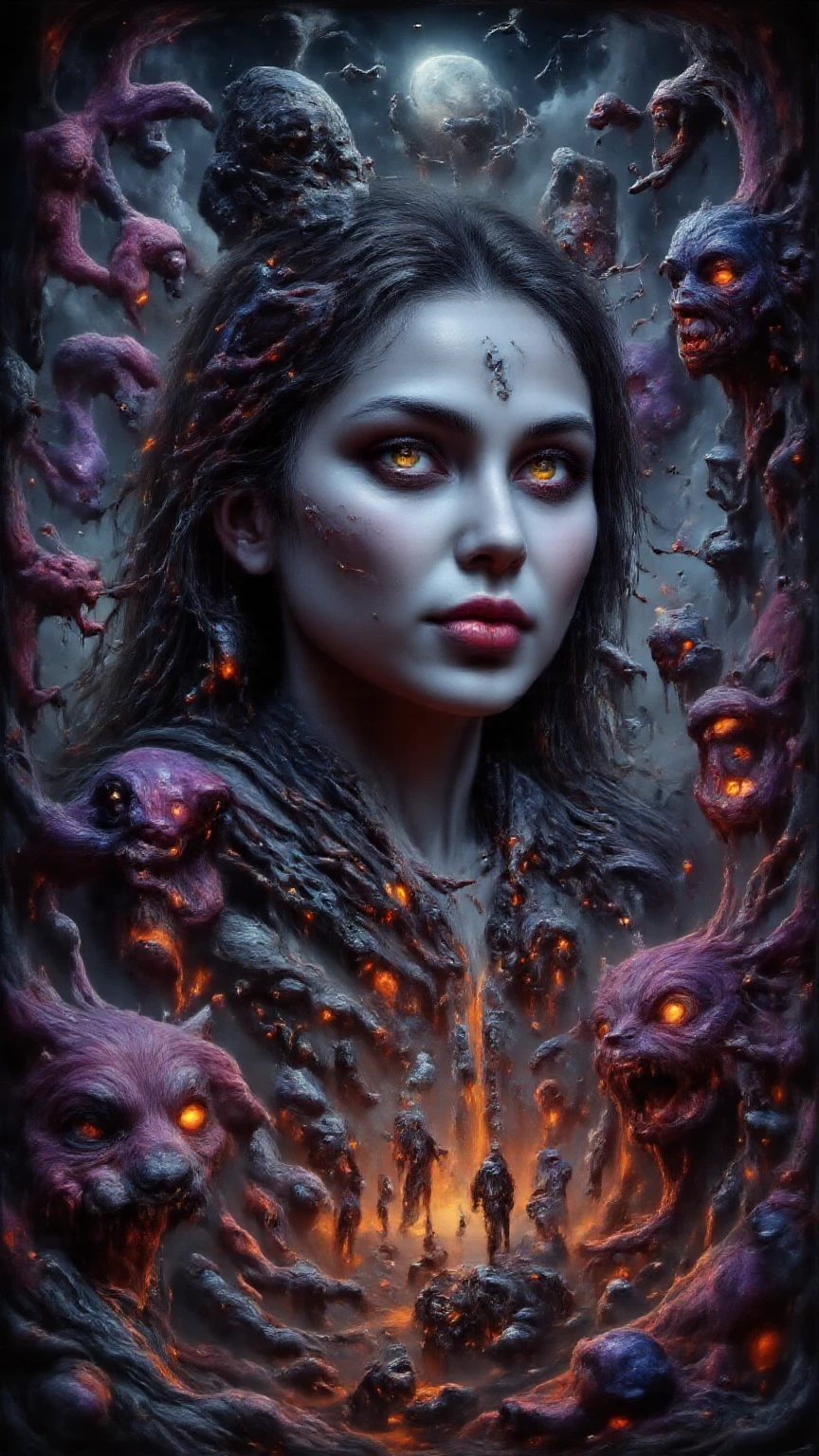 A screaming woman with her hands in her hair, disturbing surreal creatures around her