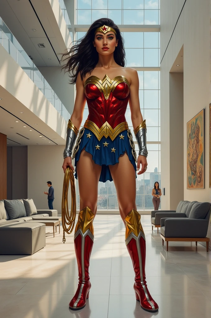 Wonder Woman, lingerie, half naked. IN THE BACKGROUND A MUSEUM, hyper realistic, 4k