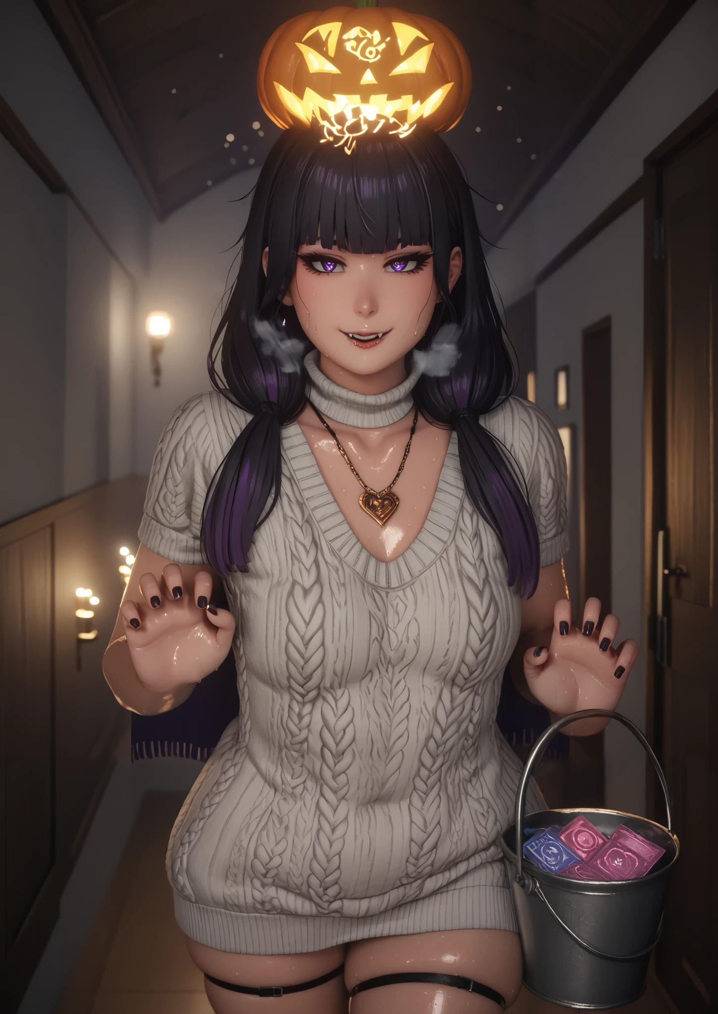 score_9, score_8_up, score_7_up, misuzu gundou, long hair, bangs, black hair, blunt bangs, purple eyes, (small breasts:1.3), anime coloring, anime screencap, shiny skin, (voluptuous:1.3), (thick:1.3), 3d, cgi, (voluptuous:1.3), (thick:1.3), BREAK UHD, retina, masterpiece, accurate, anatomically correct, textured skin, super detail, high details, high quality, award winning, best quality, highres, 4K, black nails, makeup, eyelashes, excessive sweating, sweating, sweating drop, (gasping, heavy breathing:1.3), (skindentation:1.2), perfect eyes, beautiful eyes, eyelashes, makeup, detailed body, perfect body, BREAK,, hearts, pleasured, 1girl, breasts, mature female, solo, navel, virgin destroyer sweater, necklace, standing, claw pose, holding bucket, halloween, looking at viewer, fangs, smirk, collarbone, condom, condom box, thighs, curvy, hallway, dim light, cape, black nails,