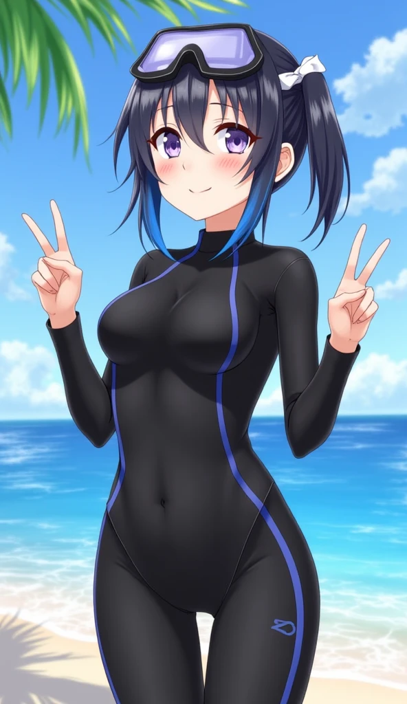 blue hair, yellow eyes, two-tone hair, sidelocks, multicolored hair, short hair, streaked hair, bangs, hair between eyes, medium breasts, breasts, large breasts, expressionless, smile, thighhighs, gloves, short sleeves, boots, green hair, black gloves, elbow gloves, black thighhighs, fingerless gloves, black footwear, leotard, covered navel, thigh strap, shadow, turtleneck, halterneck, thigh boots, black leotard, on floor, arm strap, strap, impossible leotard, cross, cross necklace, high school dxd, best quality, solo, night sky, beach, arms behind head, contrapposto, closed mouth, (cowboy shot:1.5), looking at viewer,