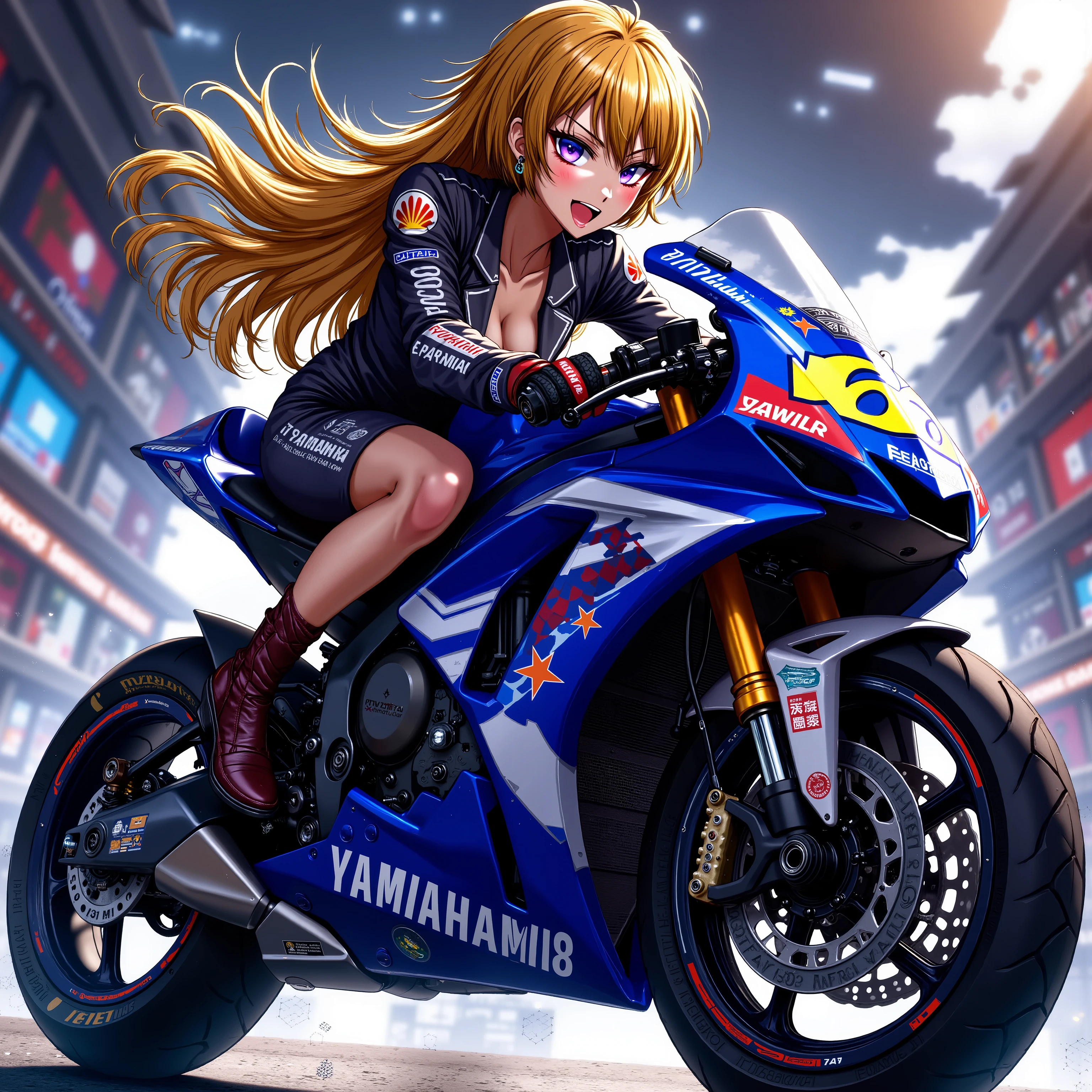 A Girl is riding a YAMAHA モビスターカラー motogp, glossy brown skin, small breasts, video, Yellow Hair, inviting, top quality, textured skin, 細い足 、 high heels、 movie light effect, アニメ
