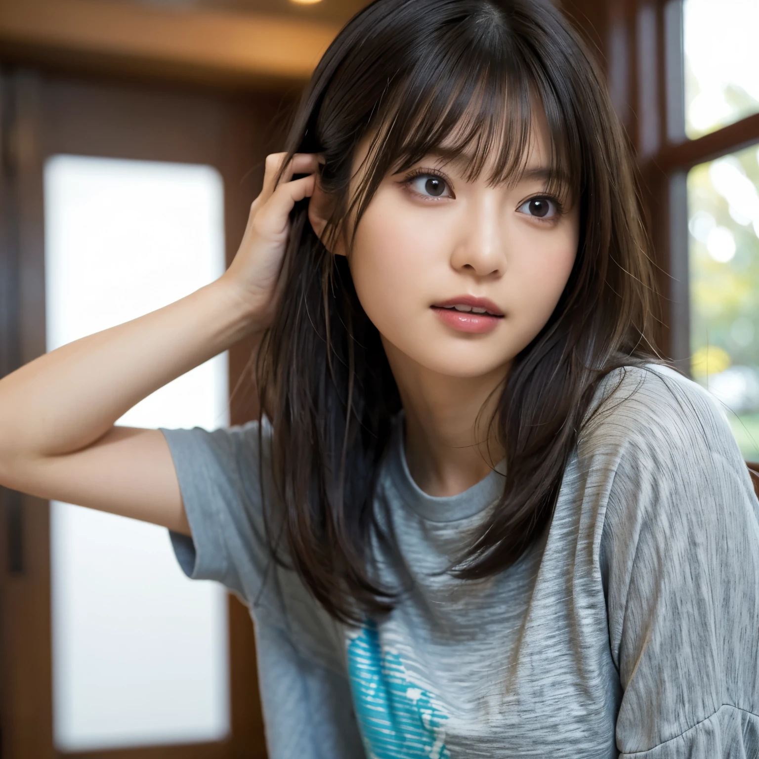plain grey trainers, living room, Soft natural light, Asahi, body line, (Bedhead:1.4) ,( tousled hair:1.3), supine , Waking up, ( sleepy expression :1.4), photo from the waist up, ( no makeup:1.3), (makeup:1.4), shy laugh , girl, busty, black hair, straight hair, with bangs, 最高masterpiece, professional lighting, masterpiece, best quality , ULTRA DETAILS, Finely Details, high resolution, 8k wallpaper, perfect dynamic configuration, beautiful eyes in every detail