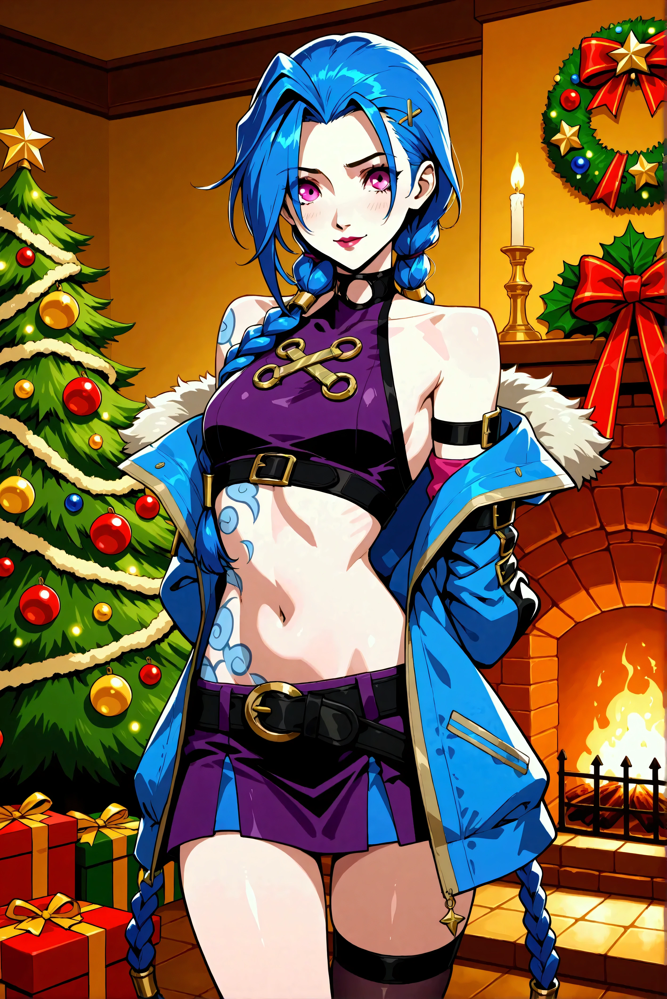 Créer une description créative et ludique d'un personnage inspiré du concept de « Jinx » de noel, une représentation et séduisante tout en mettant l'accent sur ses traits de personnalité, son style et la façon dont elle interagit avec le monde qui l'entoure. . Mettez l'accent sur sa nature ludique, son énergie vibrante et son sens unique de la mode d'une manière légère et artistique. Create a design or concept inspired by the character Jinx from the game League of Legends with a holiday twist, incorporating elements that reflect both her chaotic persona and the festive spirit of Christmas. Use bright colors, playful motifs, and unexpected contrasts to capture her mischievous nature while celebrating the joy of the holiday season. Consider elements such as decorations, outfits, and interactions with traditional holiday symbols. Aim for a fun and whimsical design that balances Jinx's wild energy with the warmth of festive cheer.