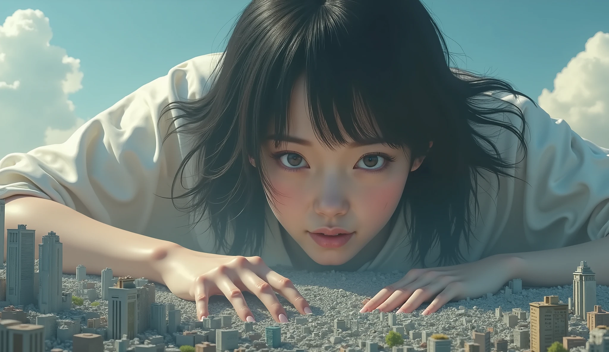(High Beautiful Super Giant Japanese girl, Super Real photorealistic), (Super Best masterpiece Raw Photography Art), (16k, Highest Image Quality, super high resolution, RAW photos ), (Ultra-wide field of view, Very detailed and accurate1Point perspective drawing), The real world is being crushed and destroyed by a very, very, super overwhelming, huge Japanese girl