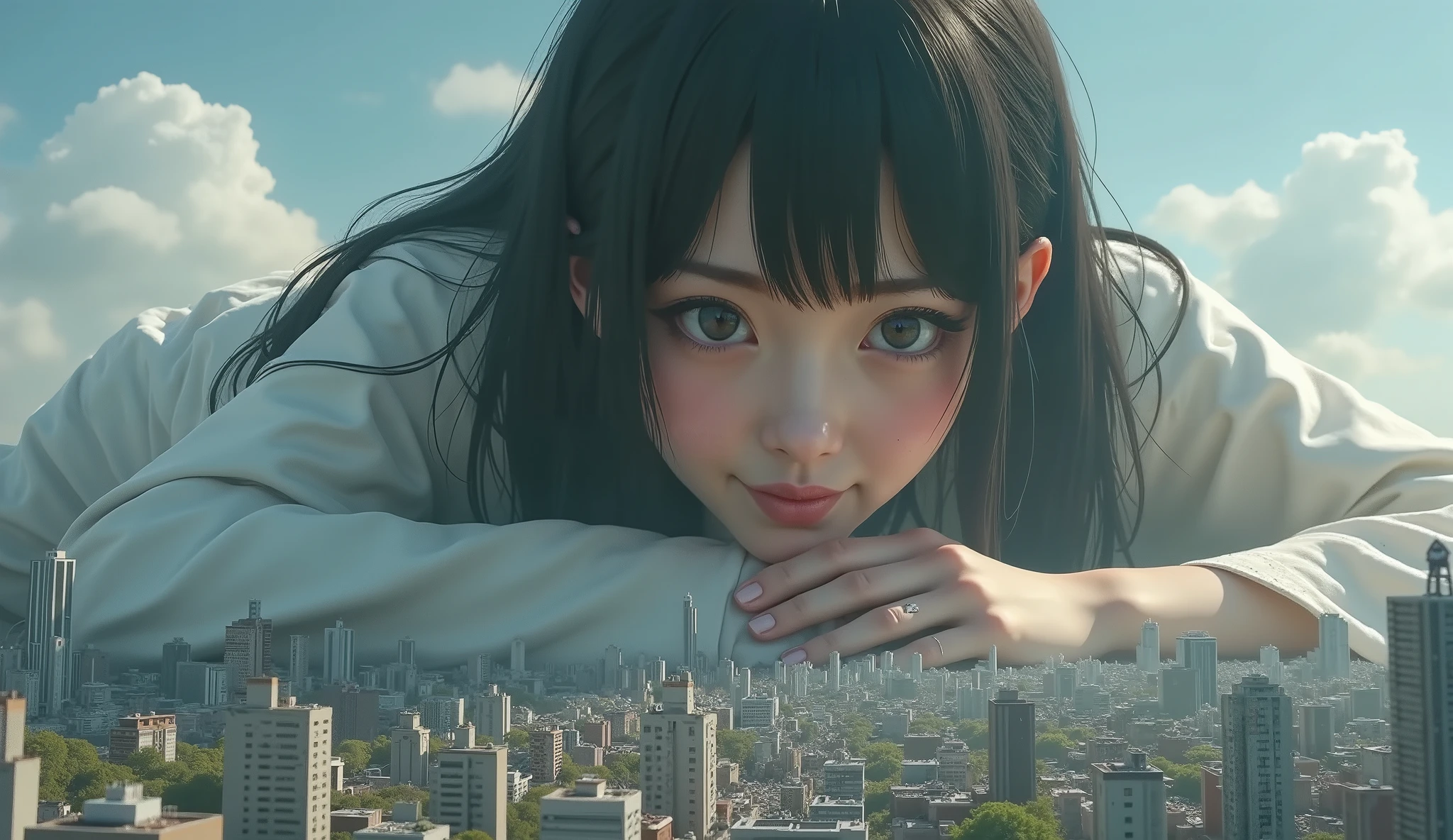 (High Beautiful Super Giant Japanese girl, Super Real photorealistic), (Super Best masterpiece Raw Photography Art), (16k, Highest Image Quality, super high resolution, RAW photos ), (Ultra-wide field of view, Very detailed and accurate1Point perspective drawing), The real world is being crushed and destroyed by a very, very, super overwhelming, huge Japanese girl